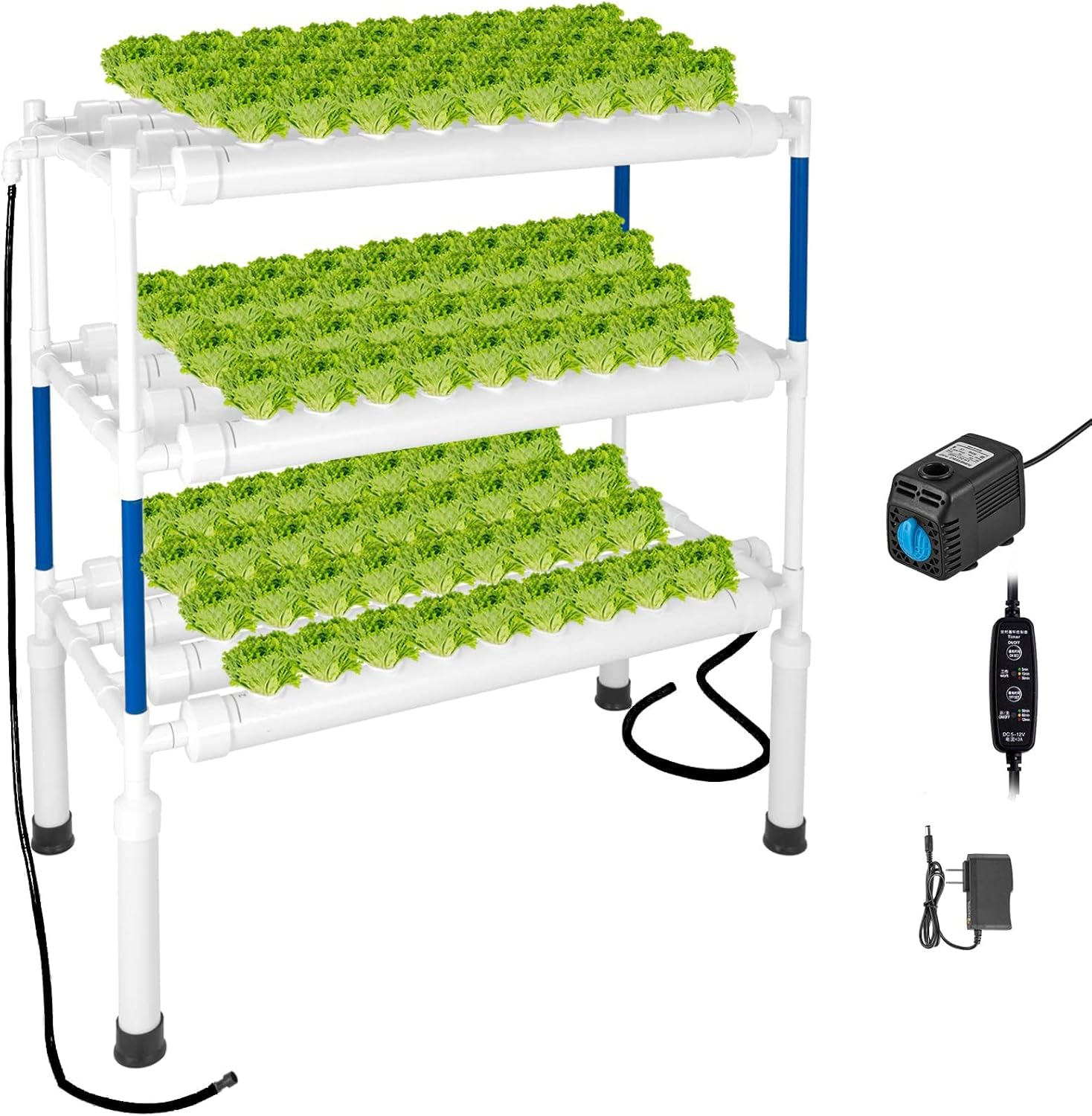 Hydroponics Growing System 108 Plant Sites, 3 Layers 12 Food-Grade PVC-U Pipes Gardening System Grow Kit, Nest Basket and Sponge for Leafy Vegetables,Fruits,Herb