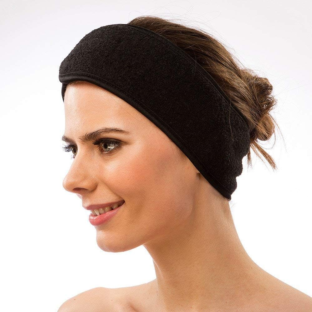 Onwon 2 Pack Facial Spa Headband with Magic Tape - Head Wrap Terry Cloth Headband Stretch Towel Headband for Bath, Makeup, Yoga and Sport, Black image number 3
