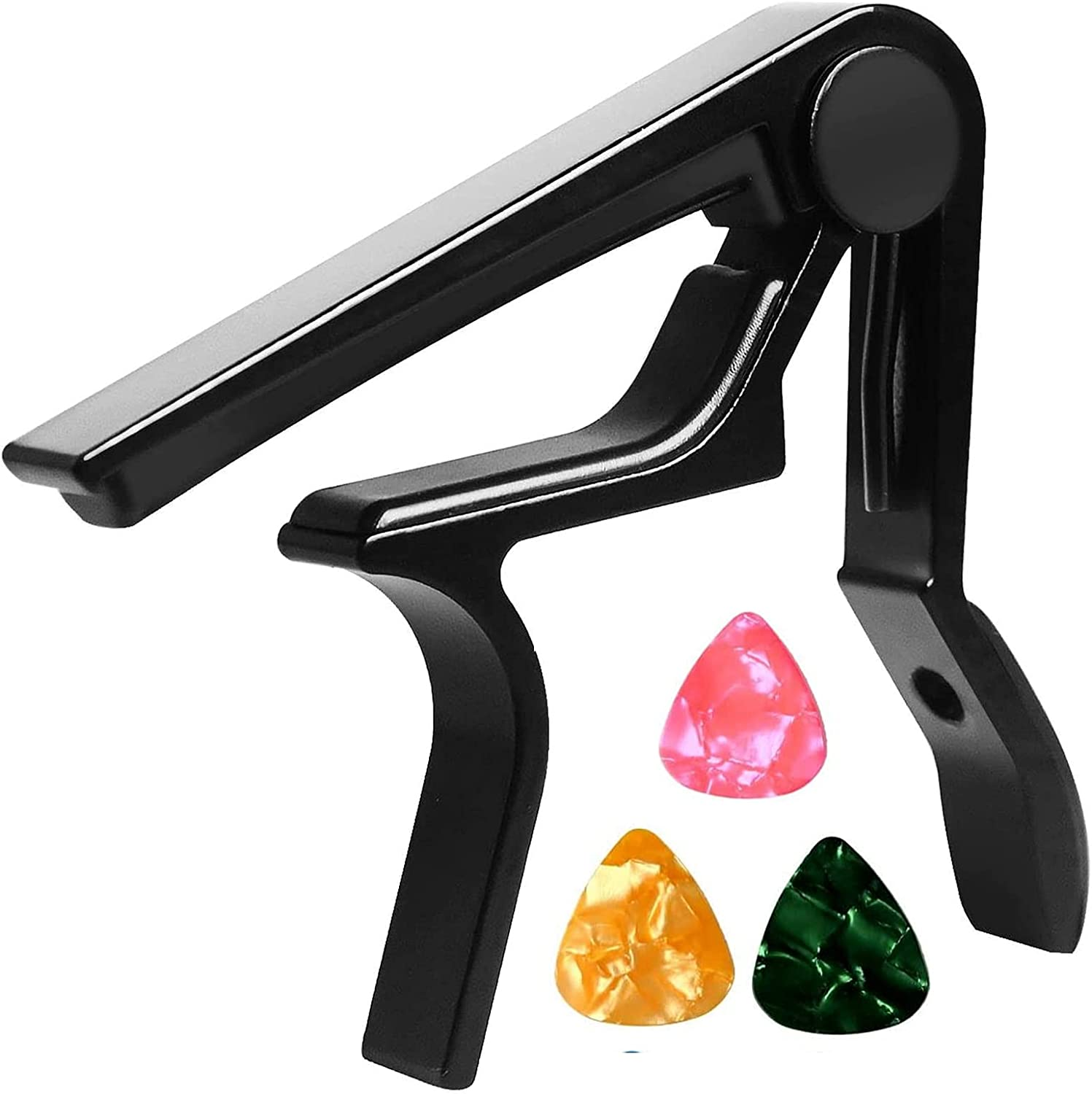 T Tersely Aluminum Alloy Guitar Capo Trigger with 3Pcs Guitar Picks Single Hand Use Quick Change Black Capos for Classical Acoustic Electric Guitars Ukulele