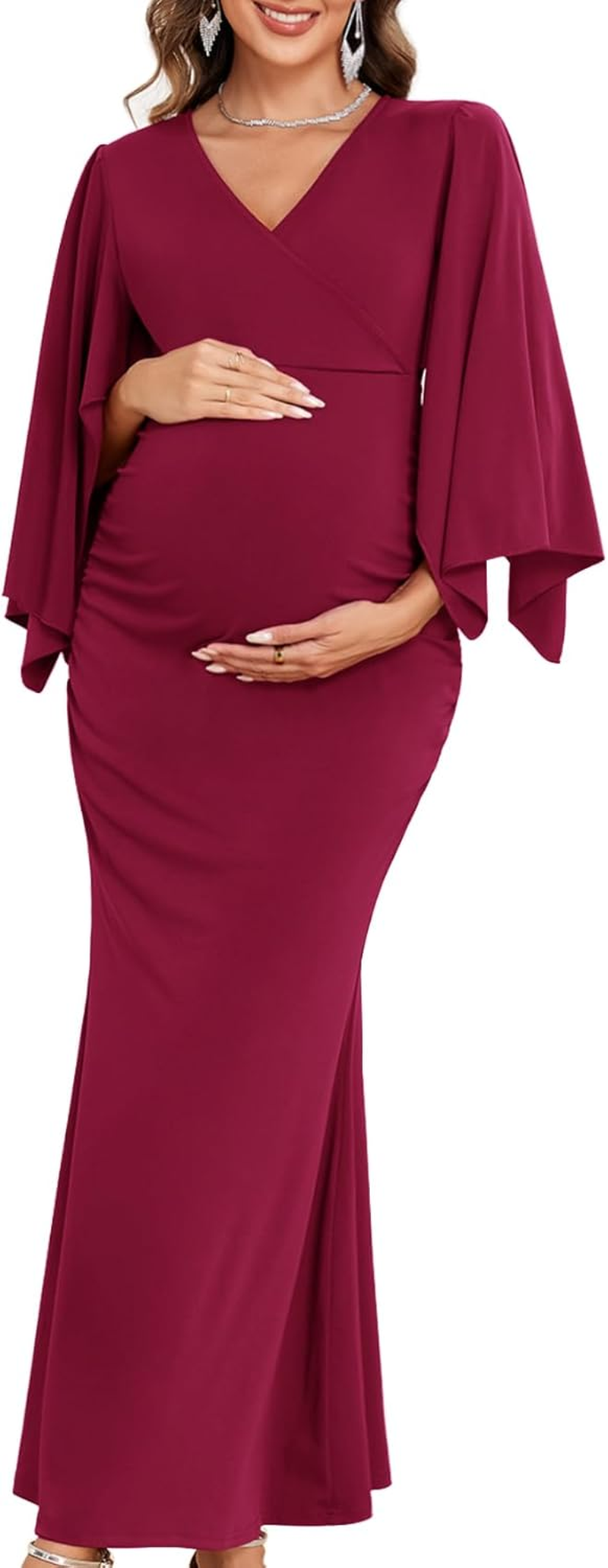 Maxi Maternity Dress with Flower Sash Semi Formal Baby Shower Wedding Guest V-Neck Handkerchief Sleeves Elegant