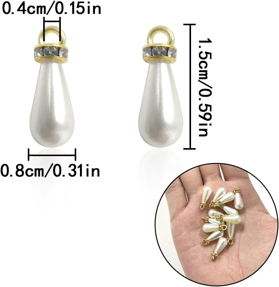WELANE Drop Pearl Charms, 100 PCS Teardrop Shaped Pearl Pendant with Golden Edge and Rhinestones for Jewelry Making (8 X 15Mm) image number 4