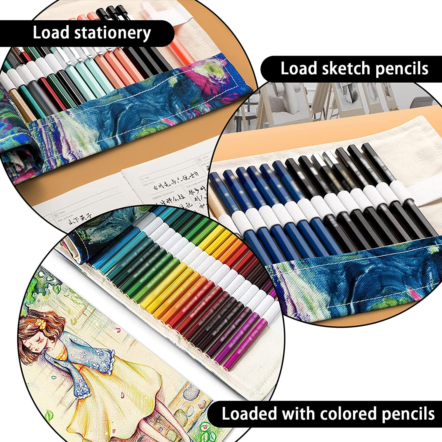 72 Slot Canvas Pencil Roll, Handmade Roll-Up Canvas Pencil Wrap for Artists, Sketchers, Students (Black)