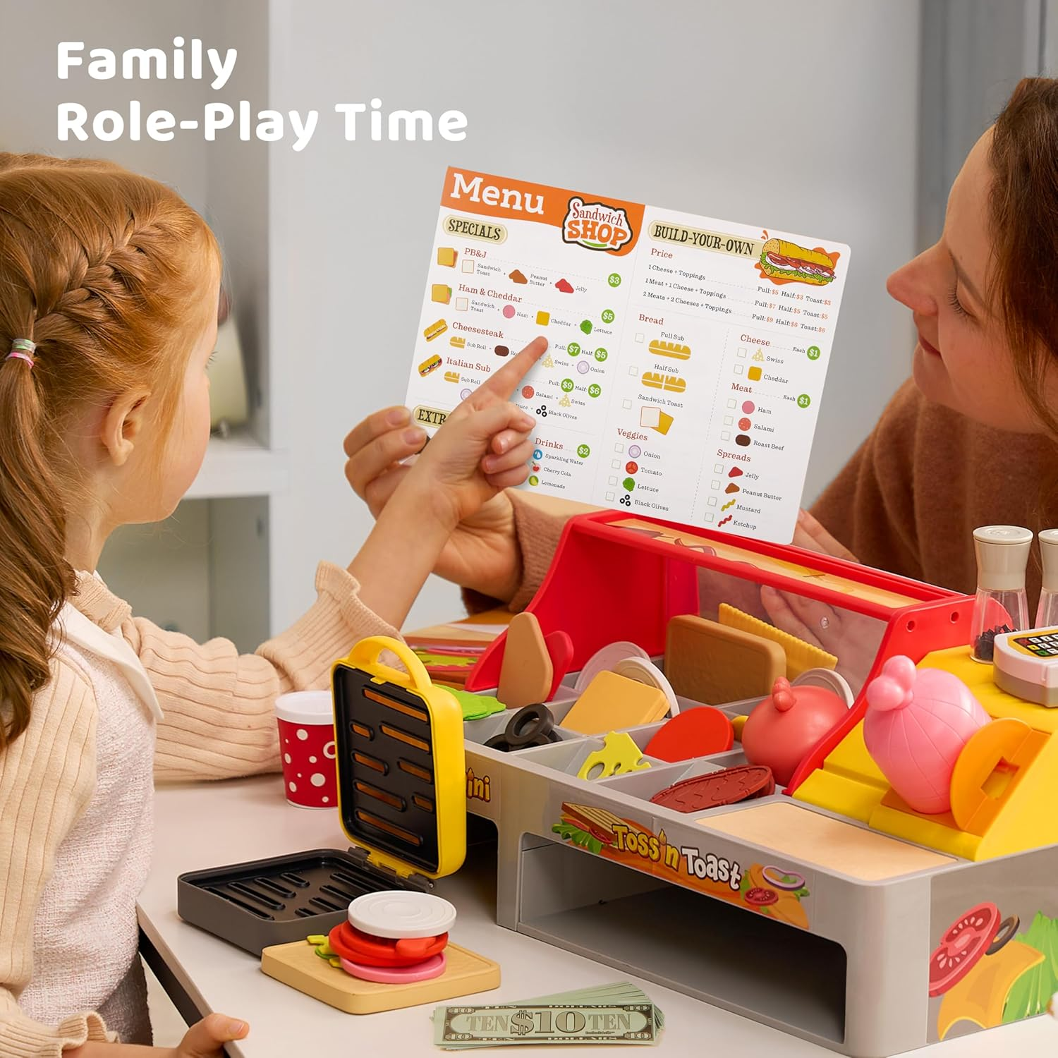 Pretend Play Food Toy for Kids Toddlers, Play Kitchen Accessories Include Sandwich Maker Toy with Slicer for Ham, Menu and Ingredients, Play Restaurant Food Toy for Girls Birthday Gift image number 5