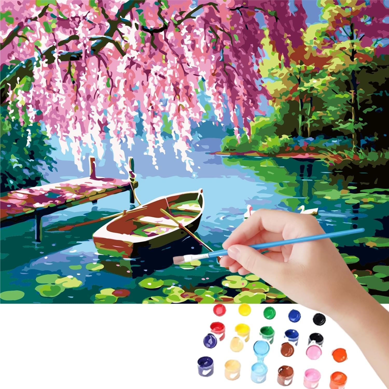 HAPPINNO Paint by Numbers Kit，Paint by Numbers for Adults， DIY Acrylic Painting Set for Adults & Kids, Easy Beginner Art, Home Wall Decor & Unique Gift, 16"X 20" Colorful Pond View (No Frame) - Owl image number 7