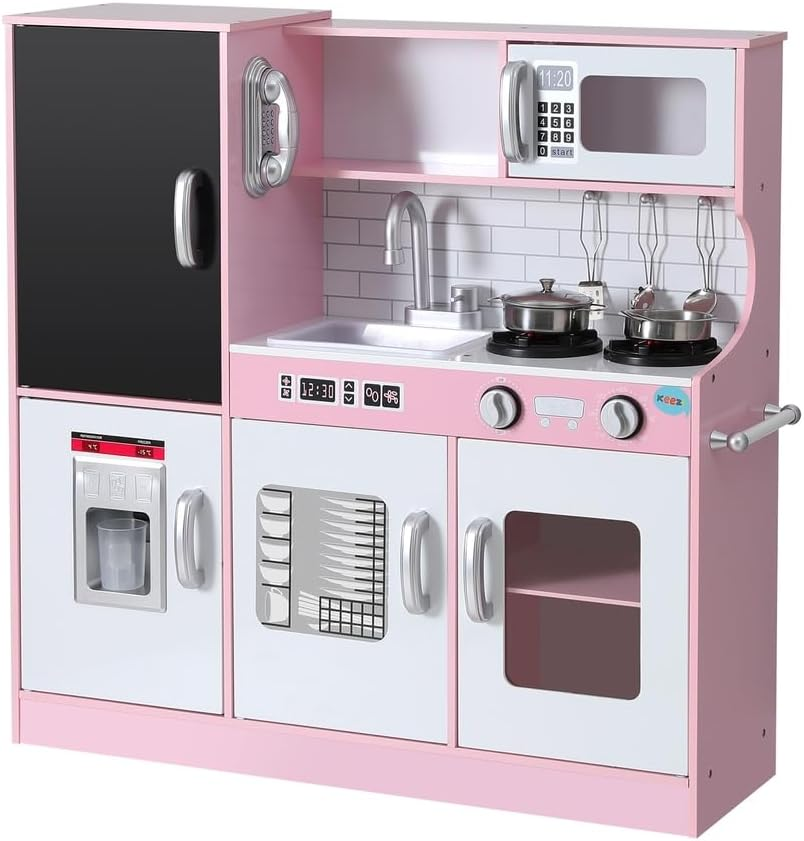 Keezi Kids Wooden Pretend Kitchen Play Set Pot Ice Cup Oven Blackboard 80CM Pink image number 1