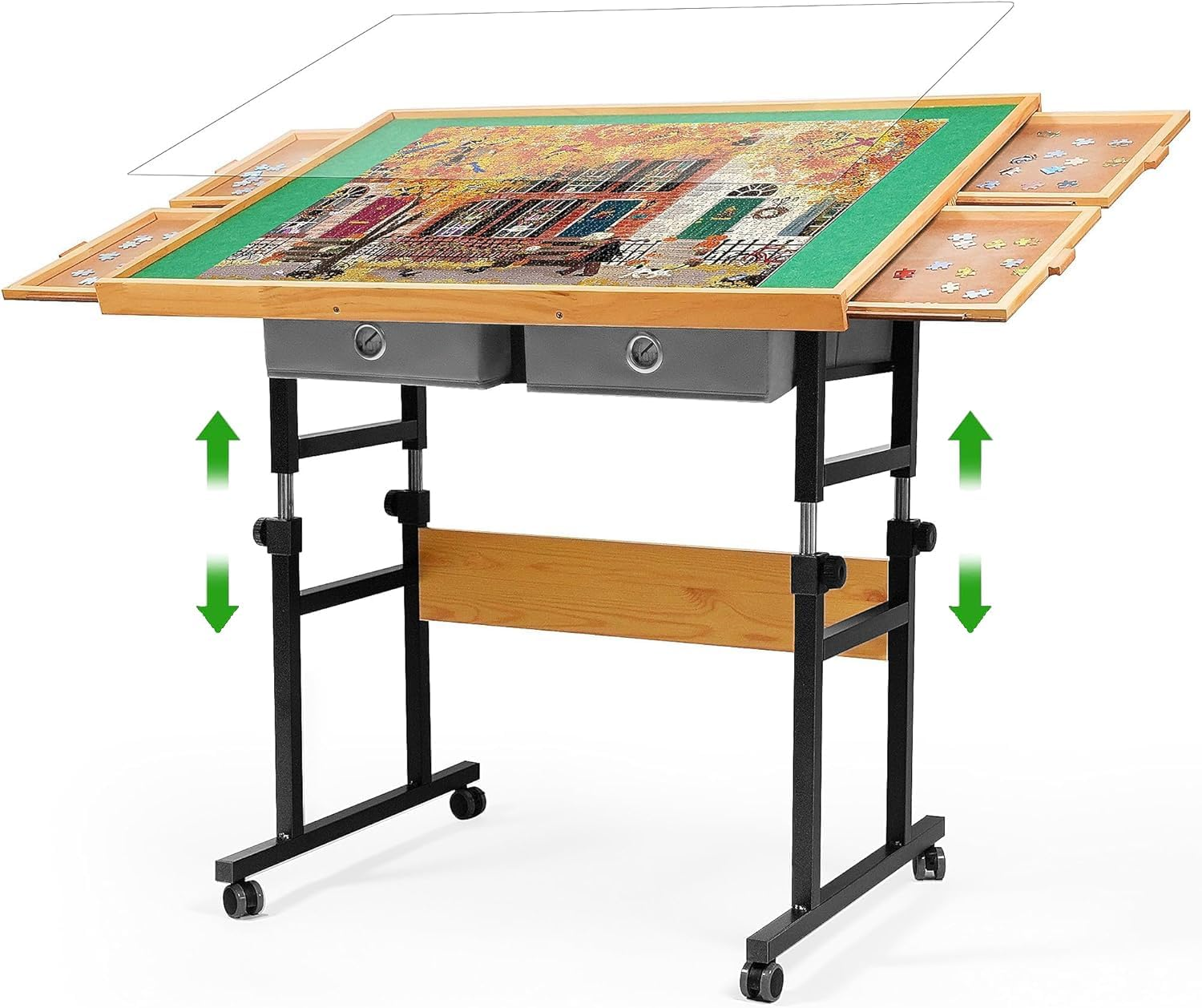 1500 Piece Jigsaw Puzzle Table, Adjustable Height & 45&deg; Tilting Jigsaw Puzzle Board with Legs, Wheels, 4 Wooden Drawers, 2 Fabric Drawers and Protective Cover, 25"X34" Adult Puzzles Tray Wooden Table image number 4