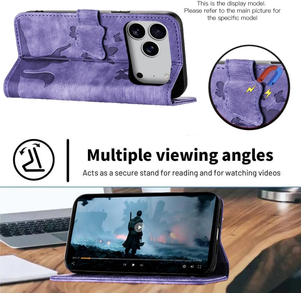 LSPCASA Mobile Phone Case for Iphone 17 Pro Max 6.9 Inch Premium PU Leather for Iphone 17 Pro Max Case with Card Slots Stand Function Protective Case Foldable Flip Wallet Phone Case Butterfly Cat image number 1