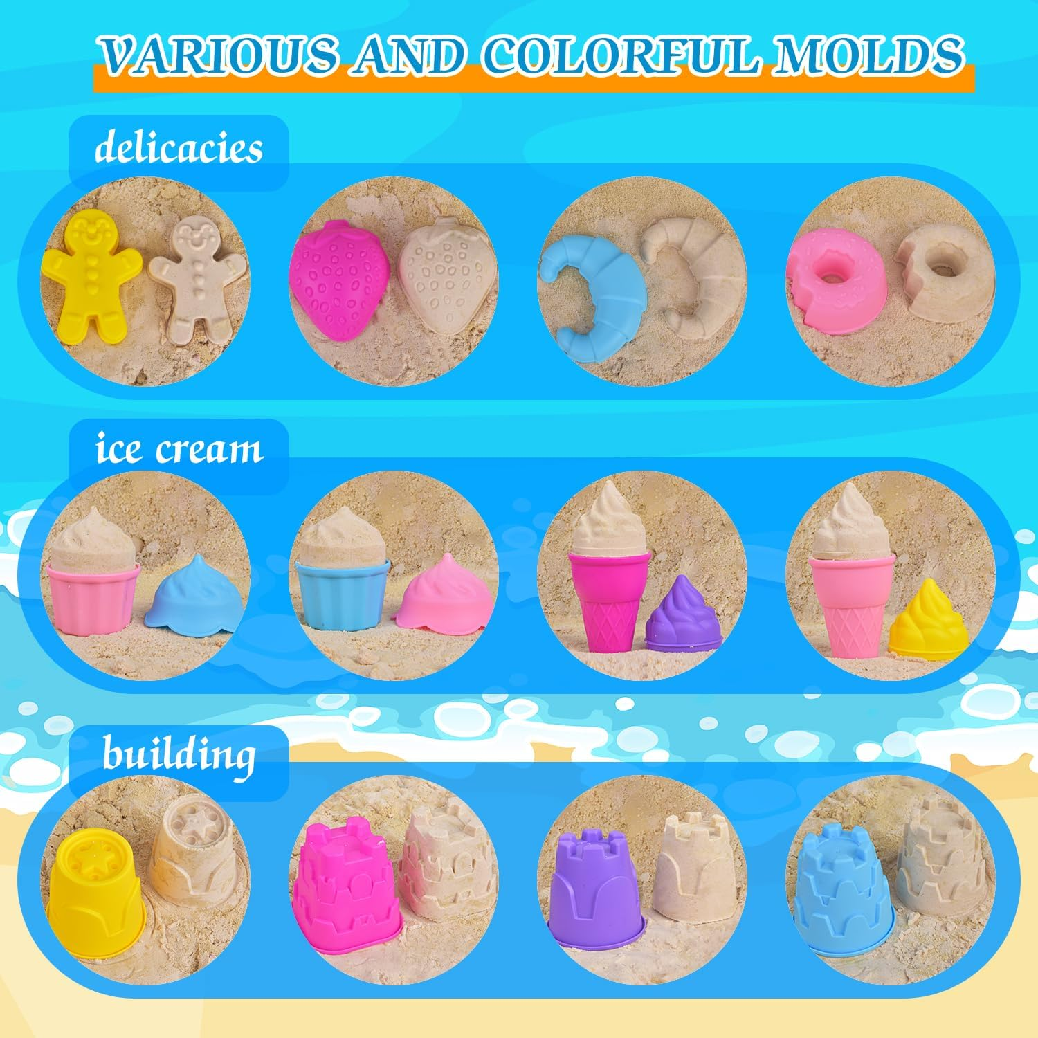 31PCS Beach Toys, Sandbox Toys with Collapsible Sand Bucket, Shovel Set, Ice Cream Cake Molds,Mesh Bag, Summer Water Poor Sea Outdoor Play Travel Toys for Kids Toddlers Boys Girls