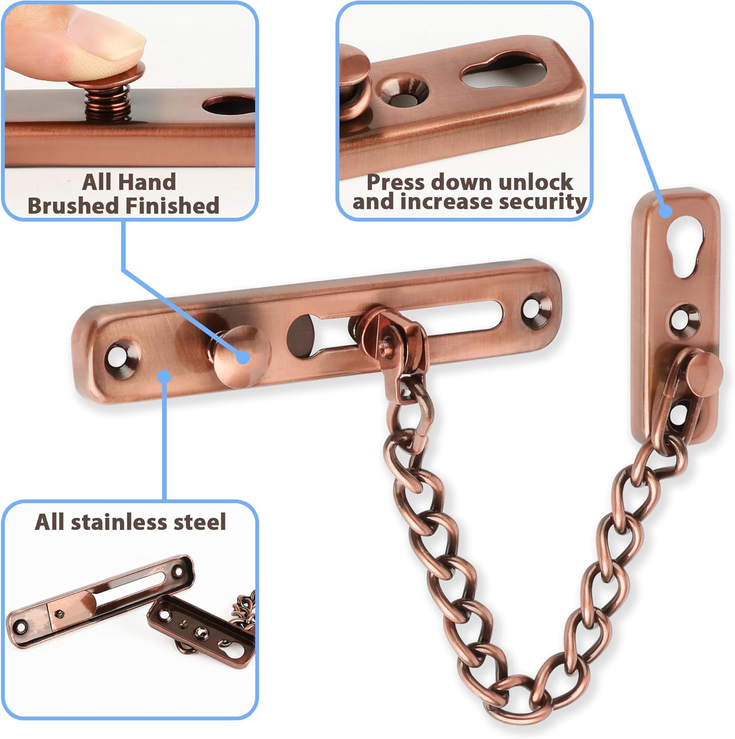 Alise Chain Door Guard Lock,Door Chain Locks with Safety Spring Anti-Theft Press Latch,Chain Locks for inside and Extra Front Door, Red Bronze(1 Pack) - Brushed Nickel image number 3