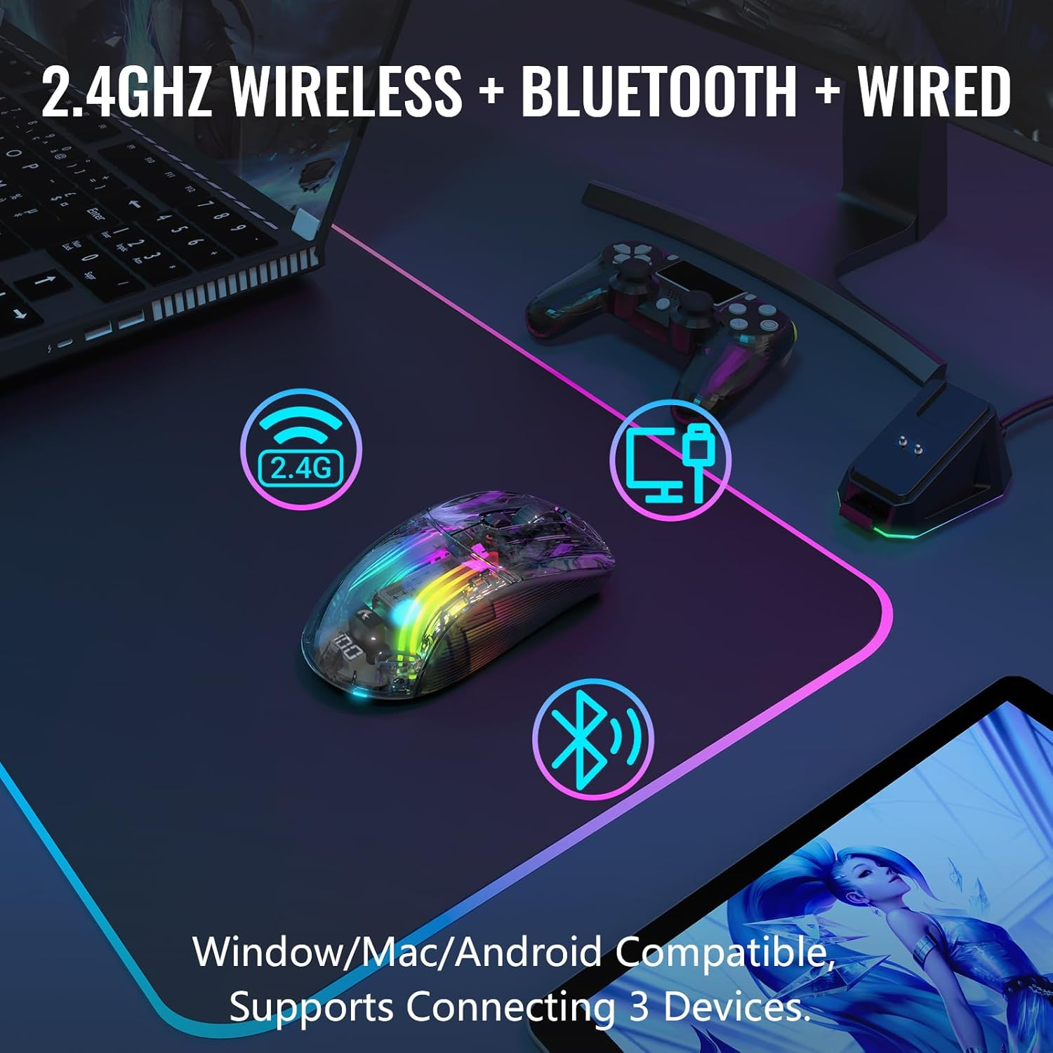 A.JAZZ Wireless Gaming Mouse with Full Transparent,Tri-Mode 2.4Ghz/Bluetooth/Wired Mouse,Digital Display,Charging Base,3D RGB Backlit,Silent Mice with 7 Buttons,Wireless Mice for Laptop,Pc,Mac(Black) - X2Pro Black image number 2