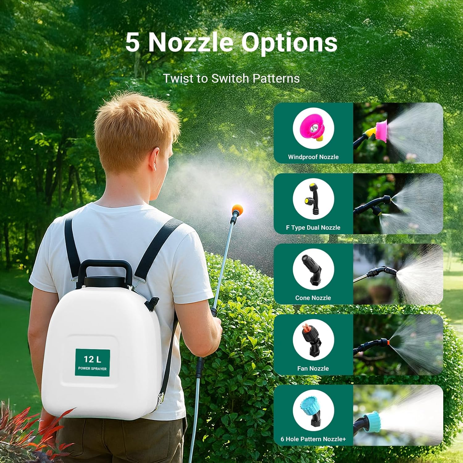 LIWEGHT 12L Battery Powered Backpack Sprayer, 2500Mah USB Rechargeable Electric Garden Sprayer, 5 Adjustable Mist Nozzles, Telescopic Wand for Lawn, Yard & Weed Control