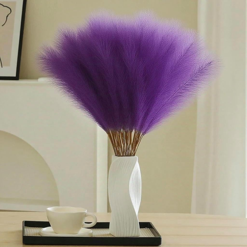 Artificial Pampas Grass Decor | Bohemian Room Aesthetic Ornament Boho Home Decor for Living Room | Pampas Floral Arrangements for Wedding & Christmas 25Pcs（Purple Bottles Not Included）