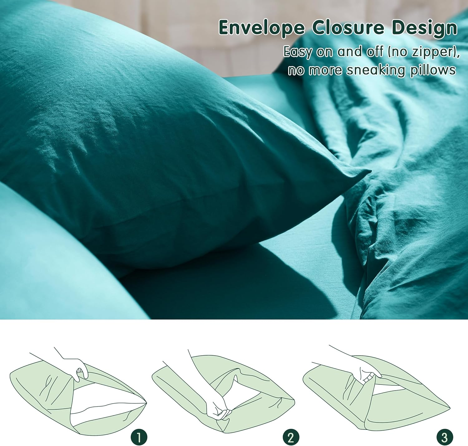 CHUN YI Kingsize Duvet Cover Sets, 100% Washed Microfiber Plain Bedding Duvet Covers Set with Zipper Closure & 8 Corner Ties, Breathable & Ultra Soft Duvet Cover with Pillowcases (Teal Green, King) image number 5