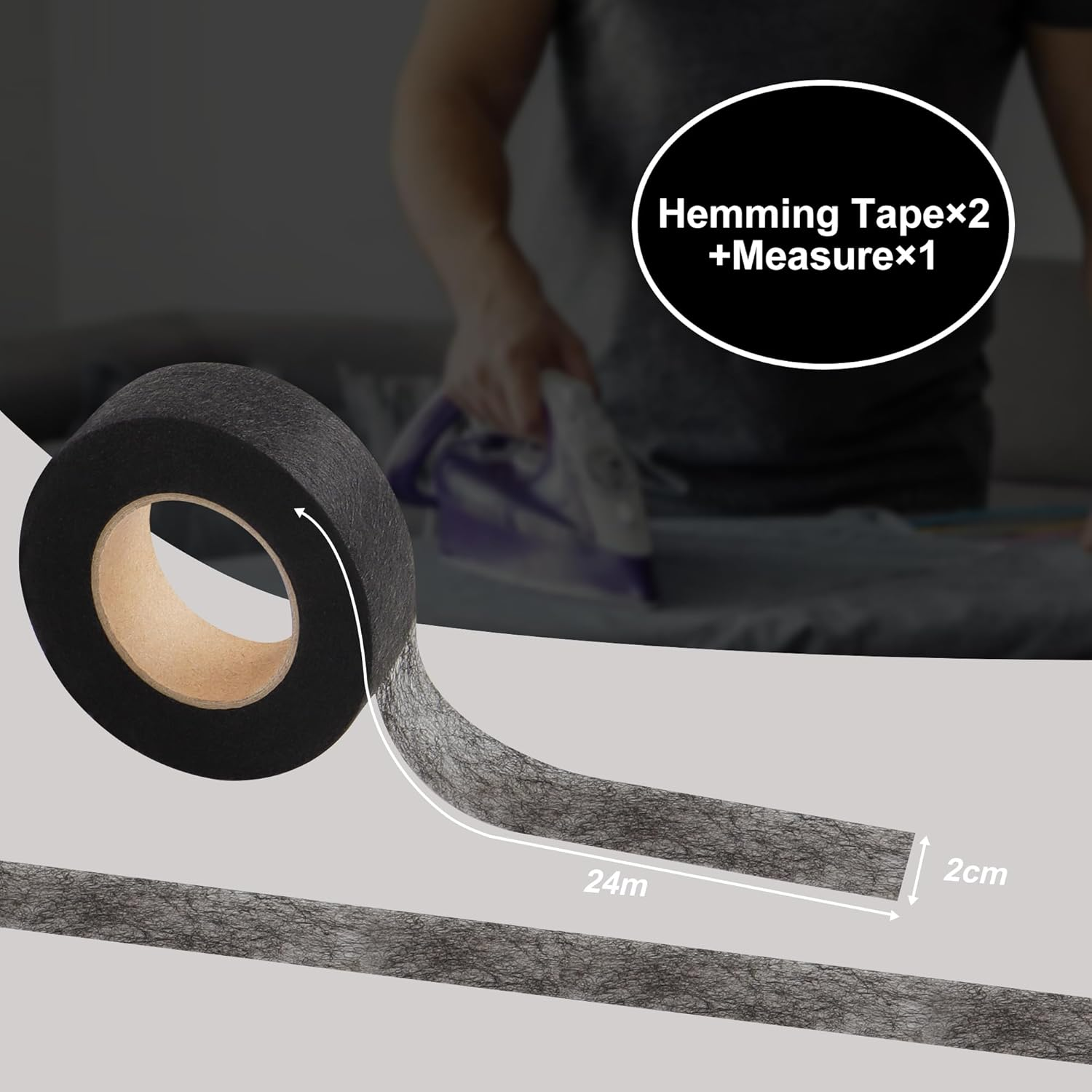 JUNART 2Pcs 2Cm&times;24M Hemming Tape Iron on Hemming Tape,Fabric Fusing Tape, Adhesive Double Sided Hem Tapes for Repair Curtains,Pants,Skirts,Jeans,Fabric Clothes with Tape Measure(Black) - Black image number 4