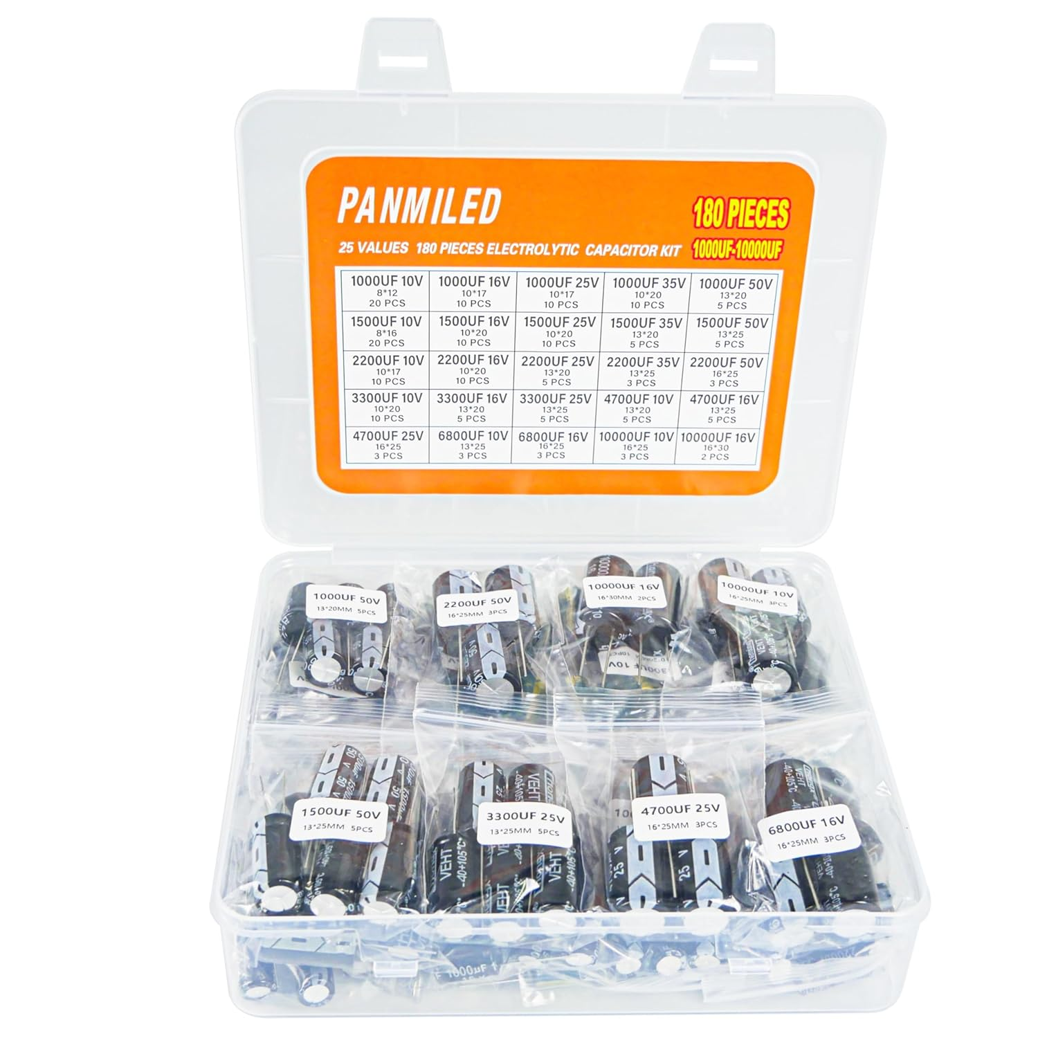 PANMILED 35 Values 700 Pieces Aluminum Electrolytic Capacitor Assortment Kit 0.1Uf-1000Uf 10V 16V 25V 50V Direct Insertion Aluminum Electrolytic Capacitor Series image number 6