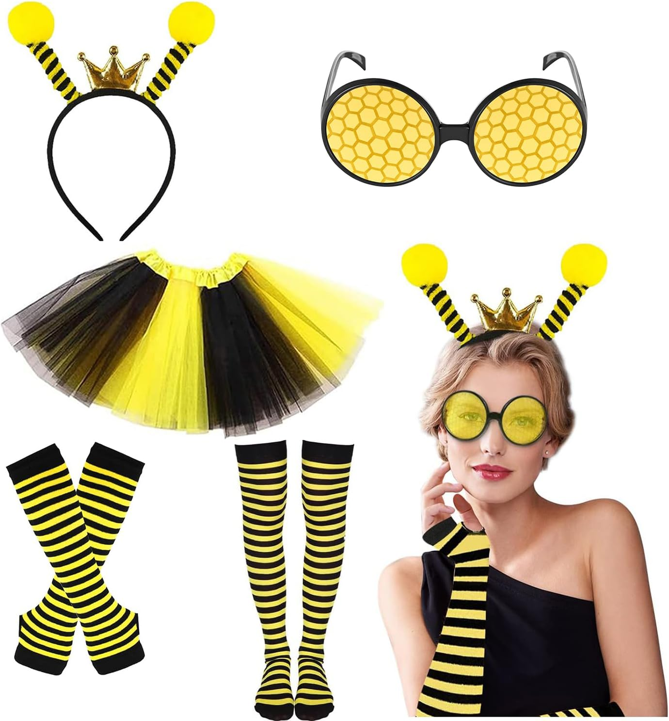 AUTOWT Adult Halloween Bee Costume Set, 5 PCS Queen Bee Dress up Accessories Kit for Women with Fancy Tutu Skirt Striped Leg Warmers Antenna Headband Gloves Glasses for Party Carnival Fun Cosplay image number 5