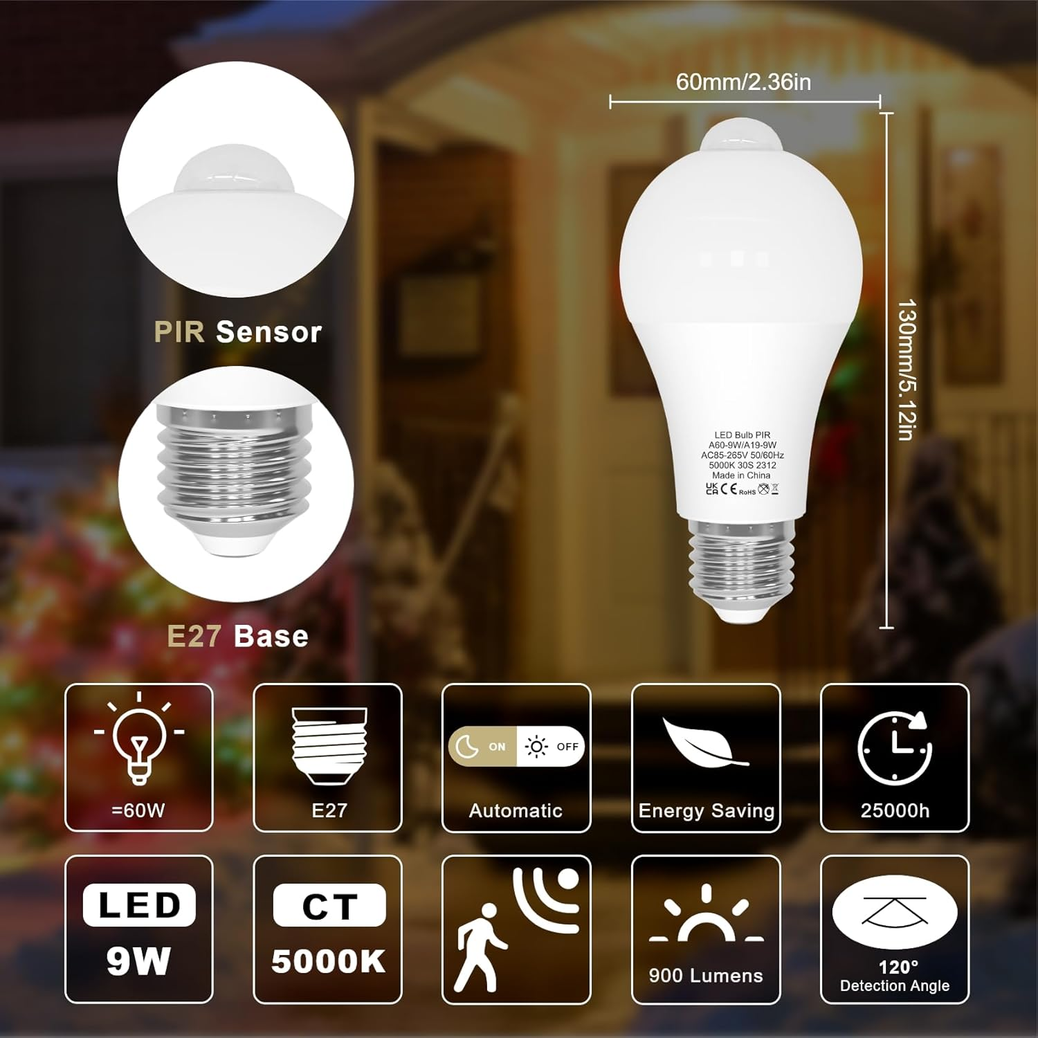 LUTW Motion Sensor Light Bulb, E27 Screw Bulb Equivalent 60W Incandescent, Daylight White 5000K 9W 900LM, Auto On/Off Indoor Outdoor Security LED Bulb for Garage, Stairs, Hallway Basement, 2 Pack - Warm White 3000K image number 5