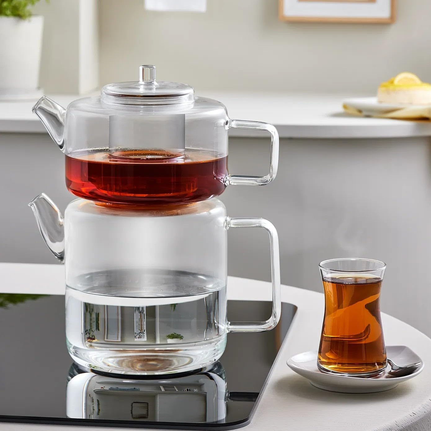 Karaca Flat Borosilicate Glass Teapot with Infuser - Clear Turkish Tea Maker - Ideal for Herbal, Loose Leaf - Teapot with Strainer (1.10L) & Tea Kettle (1.75L) for Stovetop - Luster image number 3