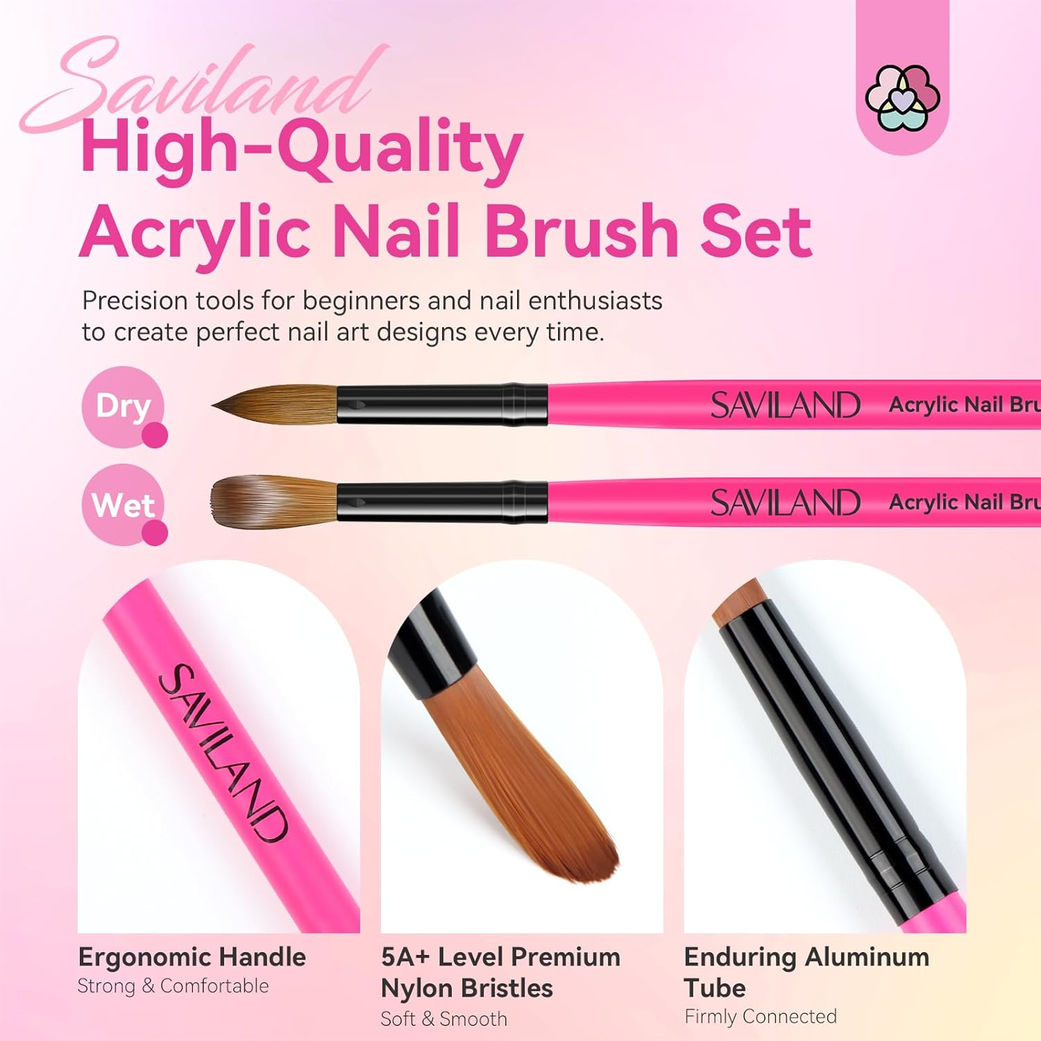 SAVILAND Acrylic Nail Brushes Set: Sizes 8, 10, 14 Nail Brushes for Professional Acrylic Powder Applications, Nails Extension, 3D Carving for Home Salon DIY Nail Art Brush Manicure Acrylic Tools Pink image number 4