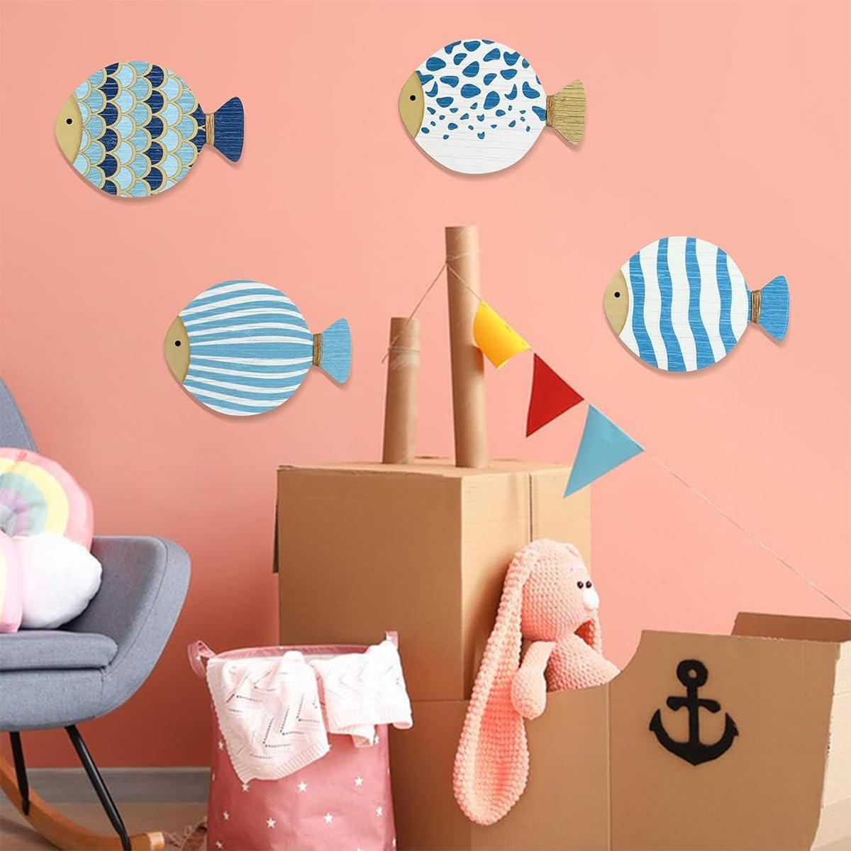 4 Pcs Vintage Beach Wall Decor,Wooden Fish Nautical Wall Art,Coastal Wall Art,Blue Fish Wall,Sculpture Lake House Hanging Decor,Ocean Room Decor for Bathroom Bedroom,Vintage Blue Fish Ornaments image number 5