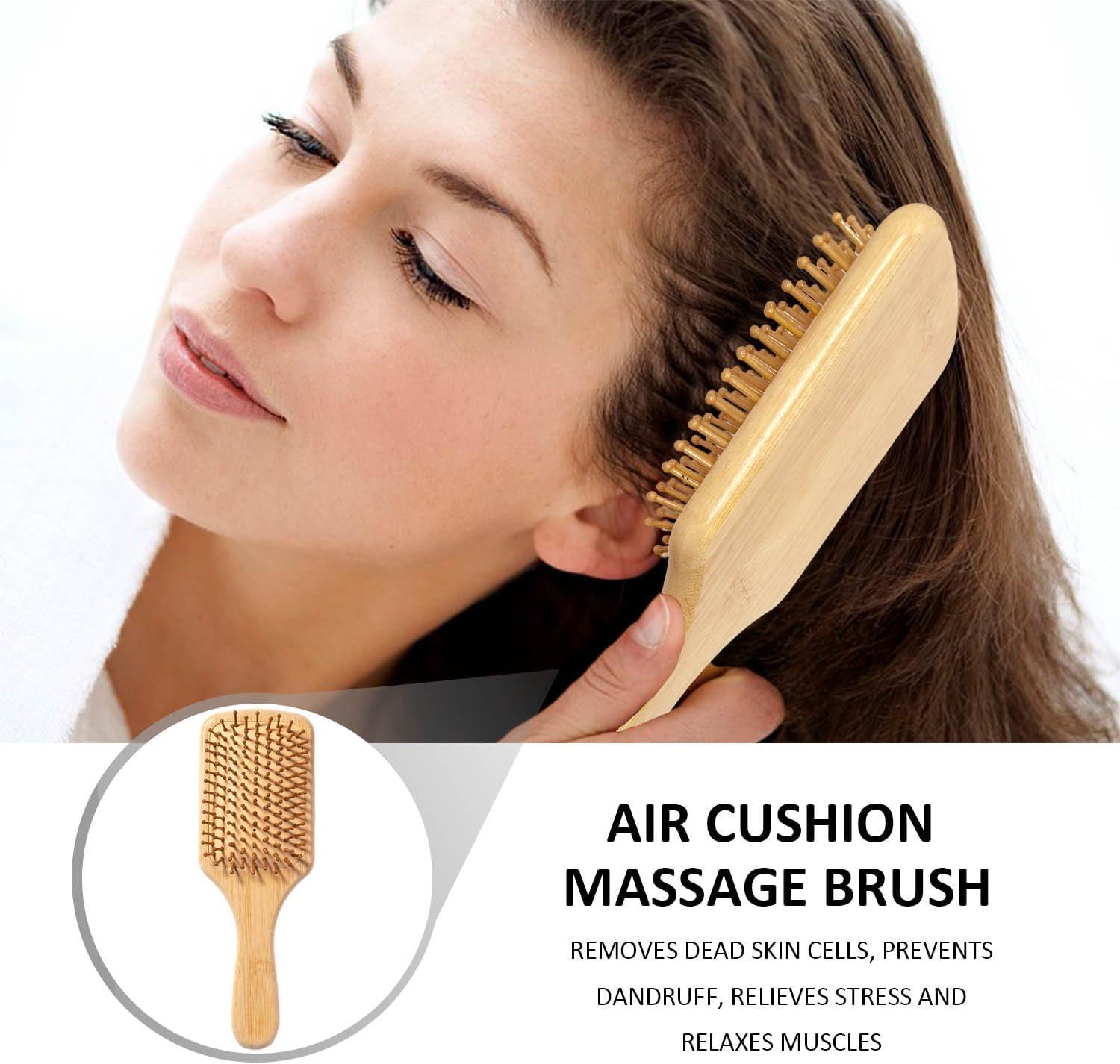 1 X Natural Wooden Bamboo Hair Brush with 1 X Tail Hair Comb, Anti-Static Smoothing Curly Hair Brush, Air Cushion Massage Brush, Flat Hair Brush for Men, Women, Children Hair Growth image number 1
