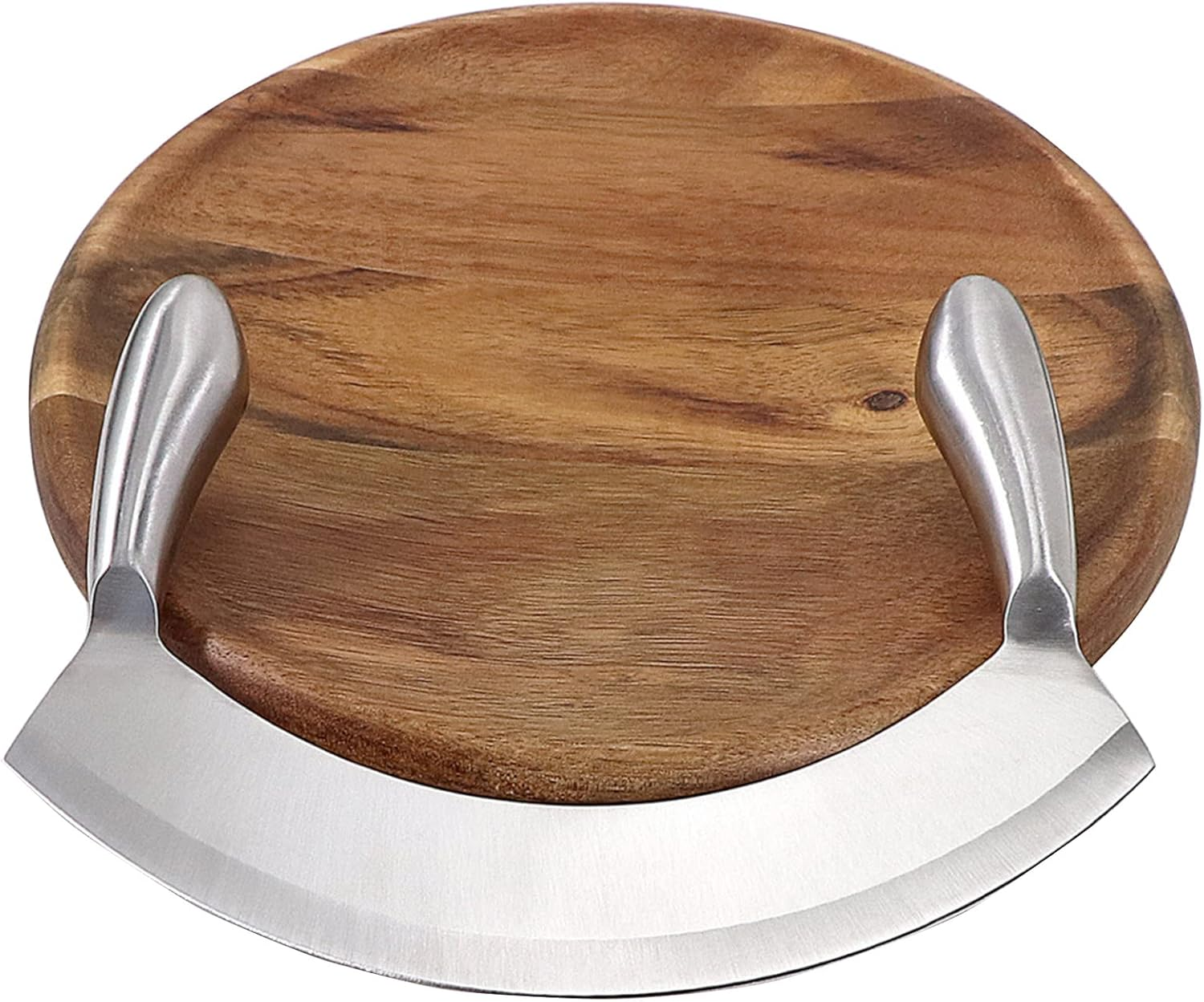 8.7 Inch Mezzaluna Knife with Wood Cutting Board - Stainless Steel Salad Chopper Rocker Pizza Cutter Rocker Knife Curved Blade Sharp Blade Double Handle Fruit Vegetable Mincing Knife image number 2