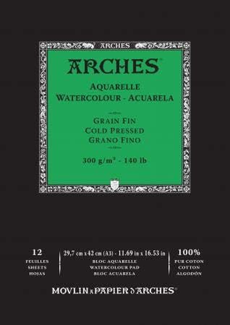 Arches Cold Pressed 300 GSM A3 Watercolour Paper Pad, Natural White, (12 Sheets)