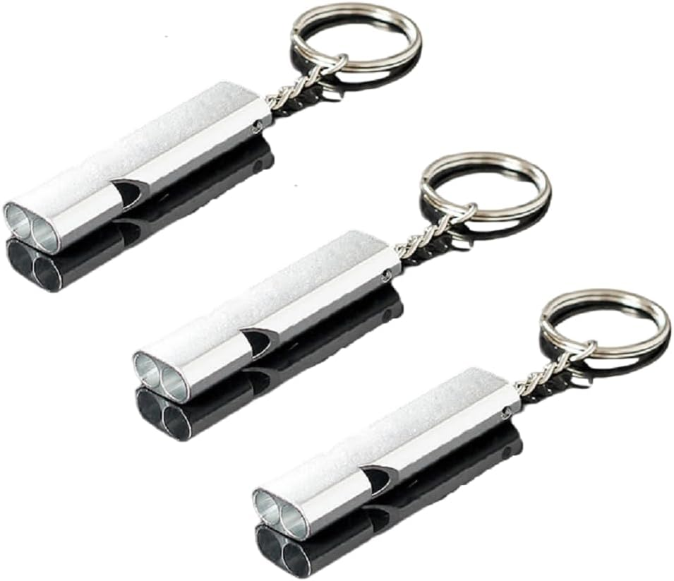 Whistle for Disaster Prevention, Crime Prevention, Disaster Whistle, Emergency Rescue, Outdoors, Climbing, Coaches, Large Volume, Metal, Double Tube Whistles, Includes Key Ring (Silver, 3 Pcs) image number 2