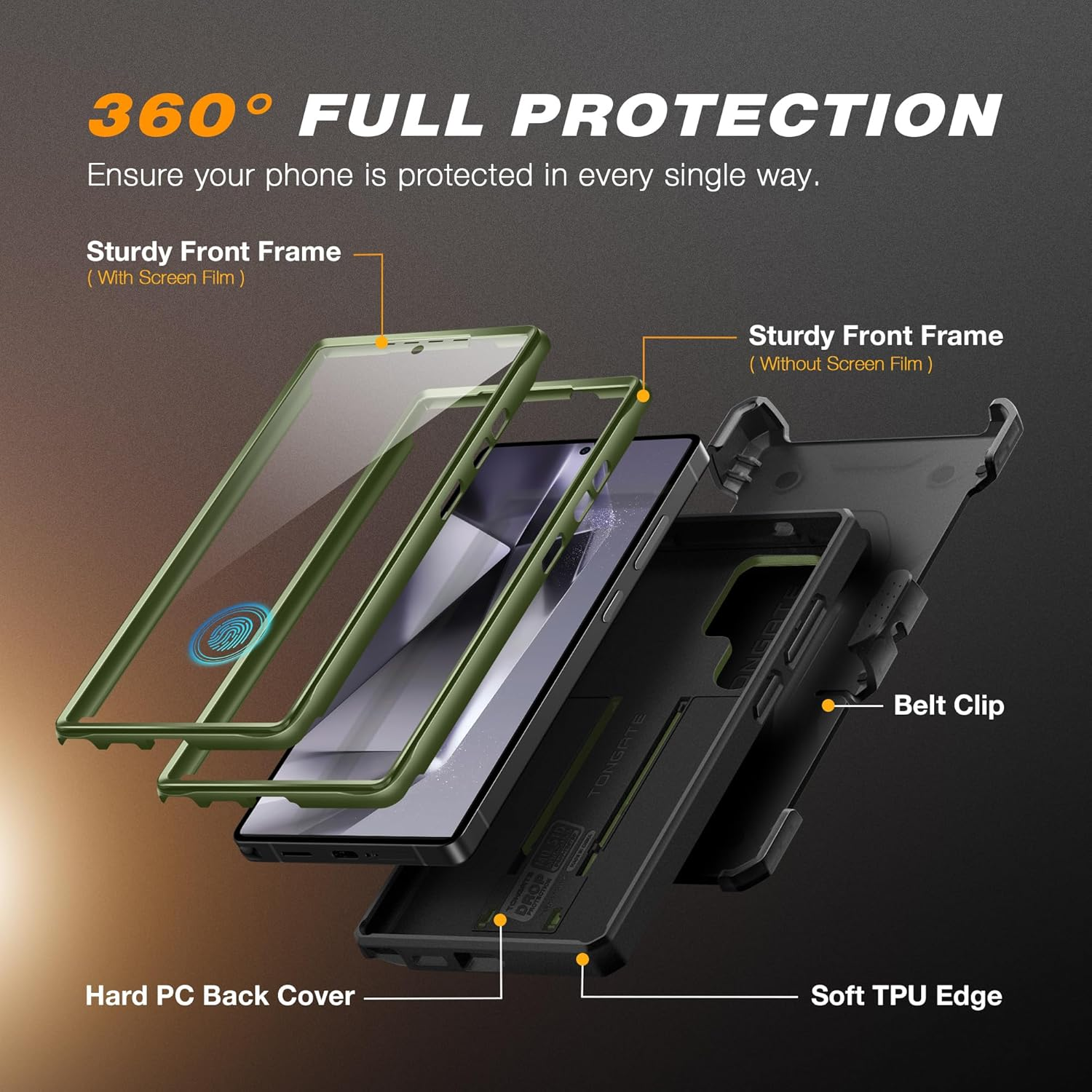 TONGATE for Samsung Galaxy S25 Ultra Case, [Built-In Slide Camera Cover & Screen Protector] [2 Front Frames] Full-Body Heavy Duty Shockproof S25 Ultra Phone Case with Stand & Belt Clip Holster, Green image number 7