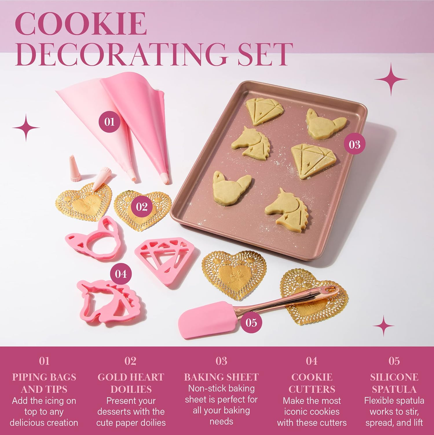 Paris Hilton Cookie Decorating Set with Nonstick Cookie Baking Sheet, Iconic Cookie Cutter Shapes, Reusable Piping Bags and Decorating Tips, Silicone Spatula, Pink
