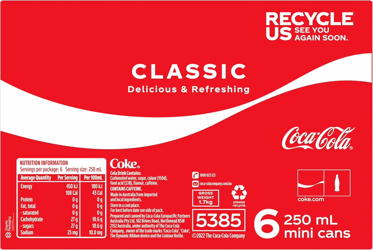 Coca-Cola Classic Soft Drink Mini Can Multipack 6 X 250 Ml (Packaging May Vary)