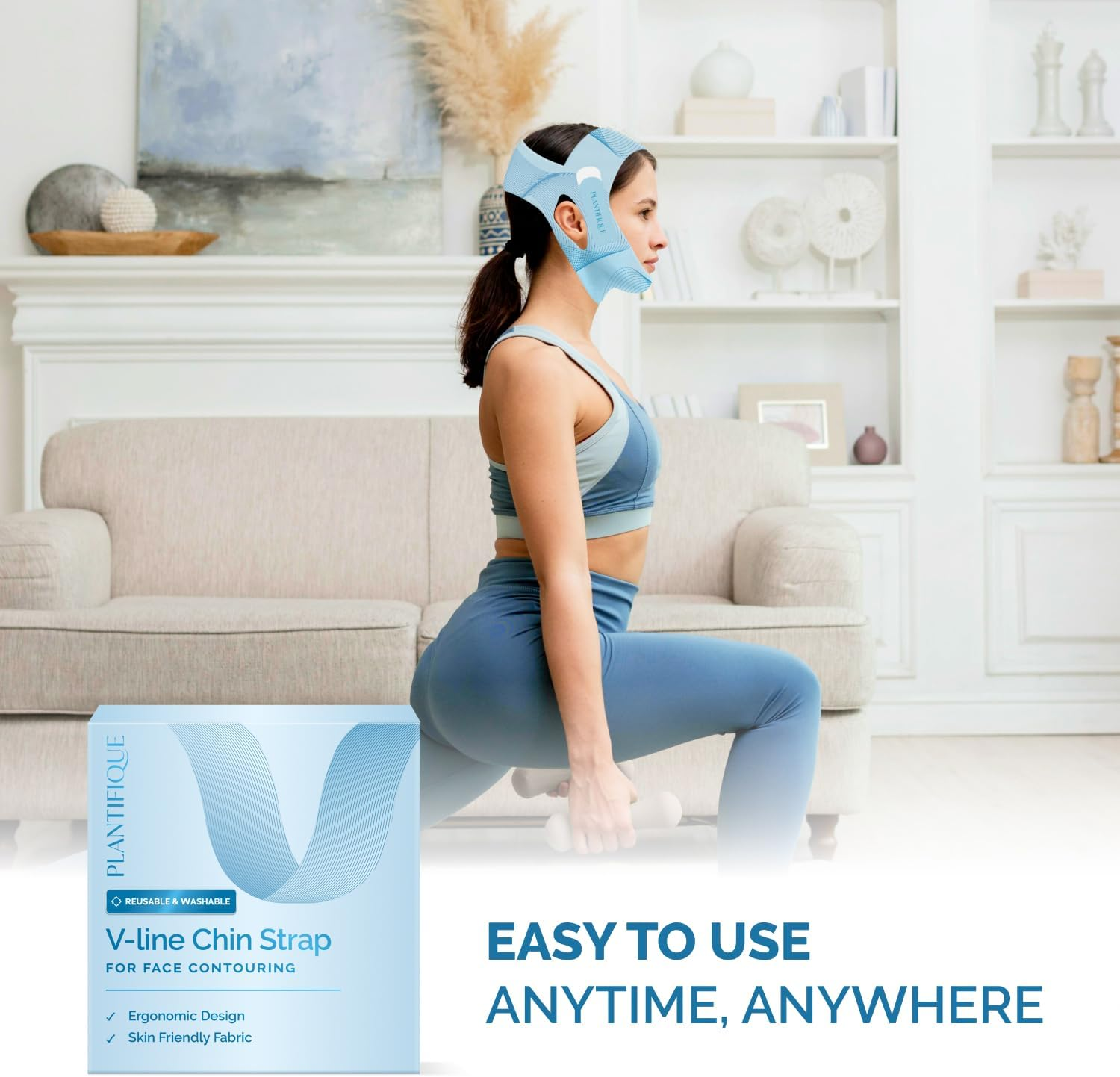 PLANTIFIQUE Chin Strap for Face Contouring - Reusable V Line Ice Silk Fabric Mask - Double Chin Shaping, Adjustable, Breathable Fabric - Jawline Shaper for Women & Men