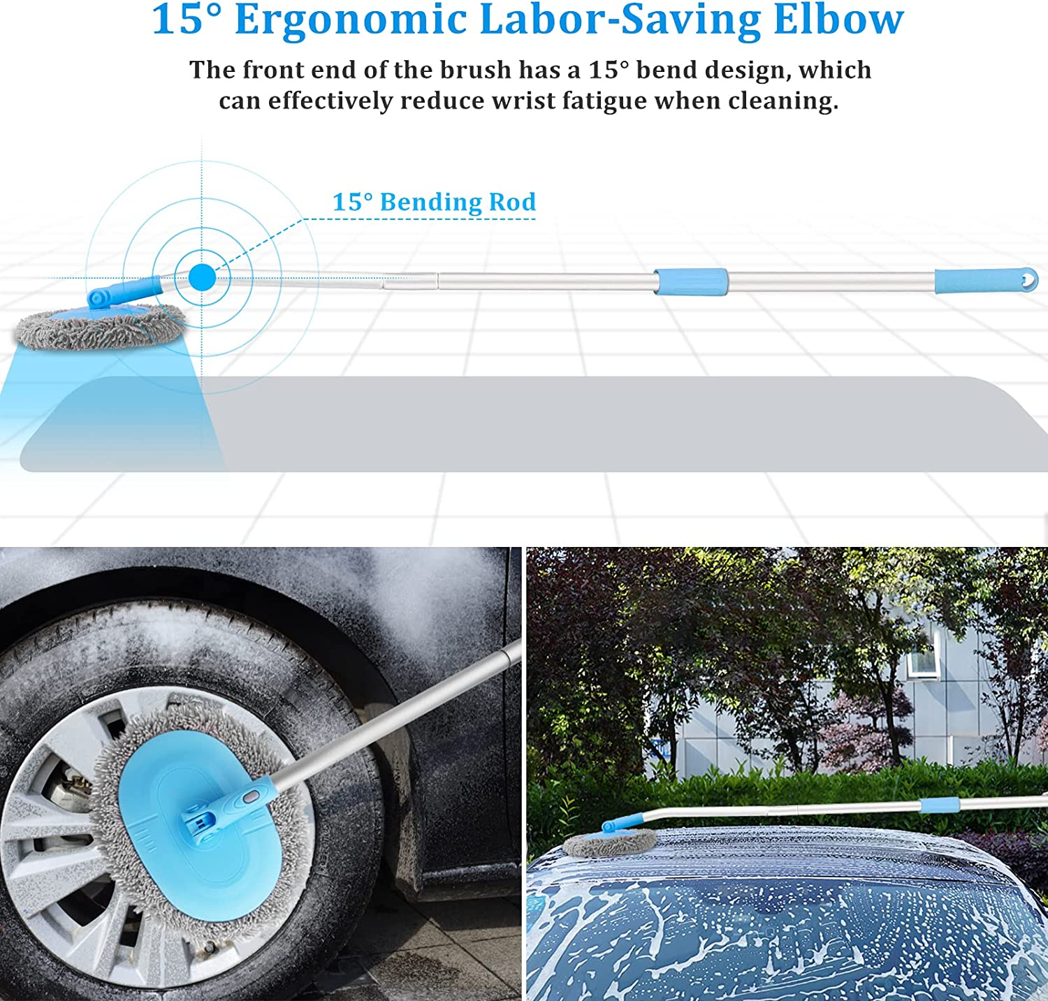 Bluefire 64'' Car Wash Brush Mop, Car Wash Cleaning Mop, 180&deg; Rotatable Wet and Dry Dual Use Cleaning Tool with Long Handle Kit for Washing Detailing Cars Truck, SUV, RV, Trailer(Blue) image number 4