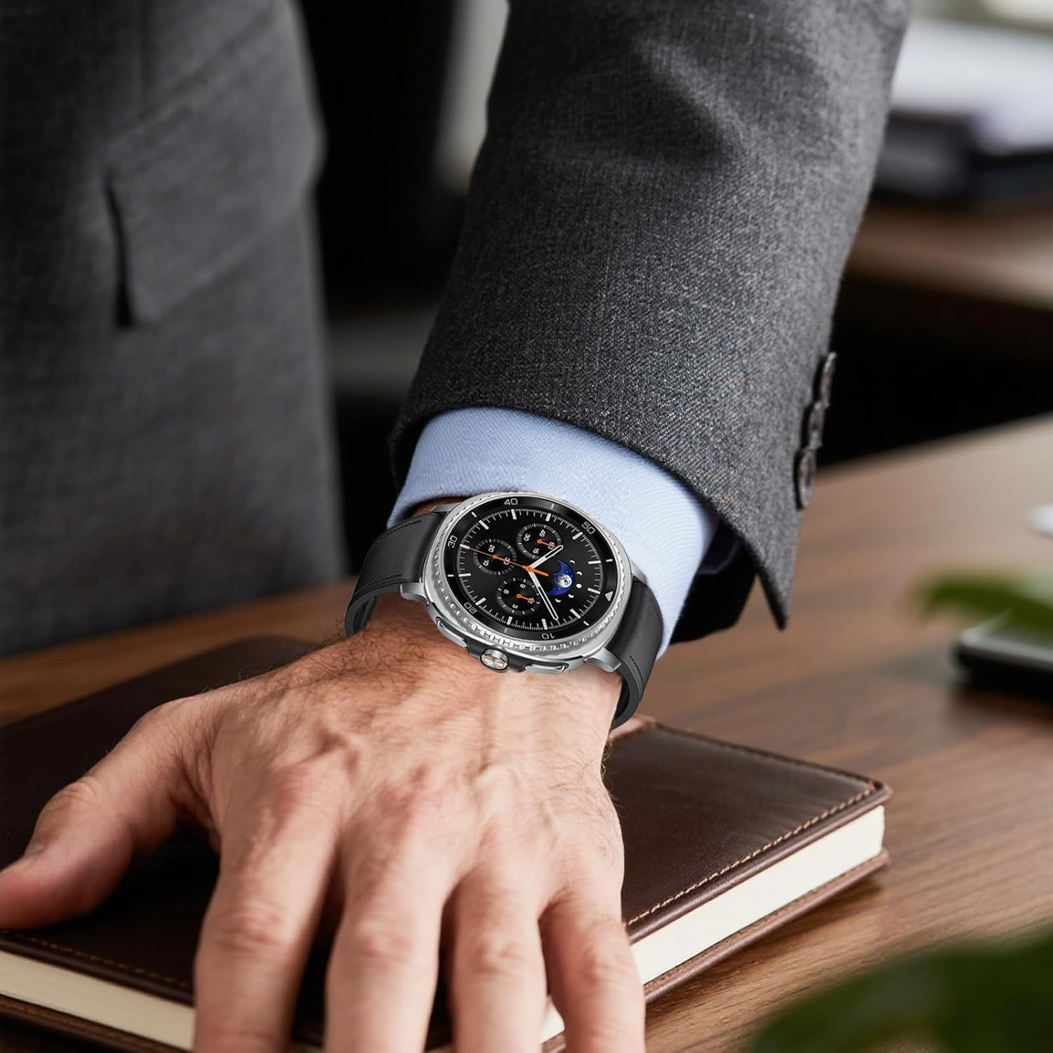 HAYONLIY Leather Band Compatible with Samsung Galaxy Watch 8 40Mm 44Mm/Galaxy Watch 8 Classic 46Mm, Genuine Leather Outer & Silicone Inner Sport Adjustable Replacement Strap for Men Women - Black image number 6