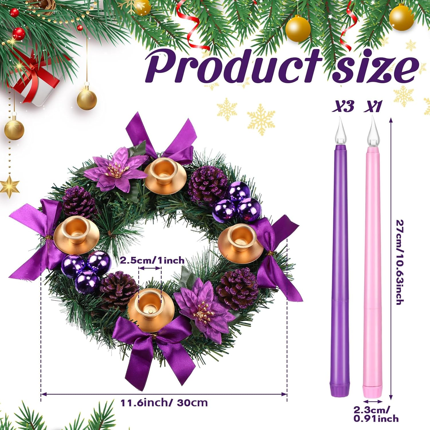 Fumete 2 Set Christmas Advent Wreath 11.8 Inch Purple Ribbon Poinsettia Ball Berry Advent Candle Holder with 8 Flameless Taper Candles for Table Centerpiece Decoration Holiday Party Home Church image number 1