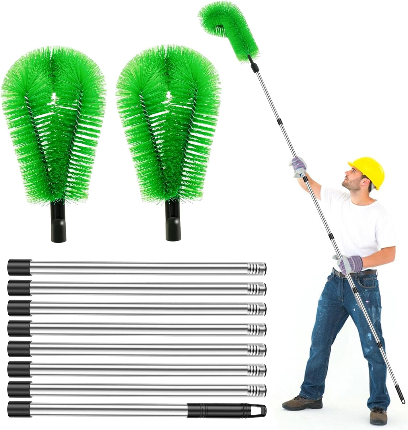 Gutter Cleaning Tools 10.5FT Long Gutter Cleaning Brush Telescopic Gutter Cleaner Tool Roofing Guard Cleaner Tool Gutter Guard Cleaning Brush for Cleaning Leaves Debris Window (Green)