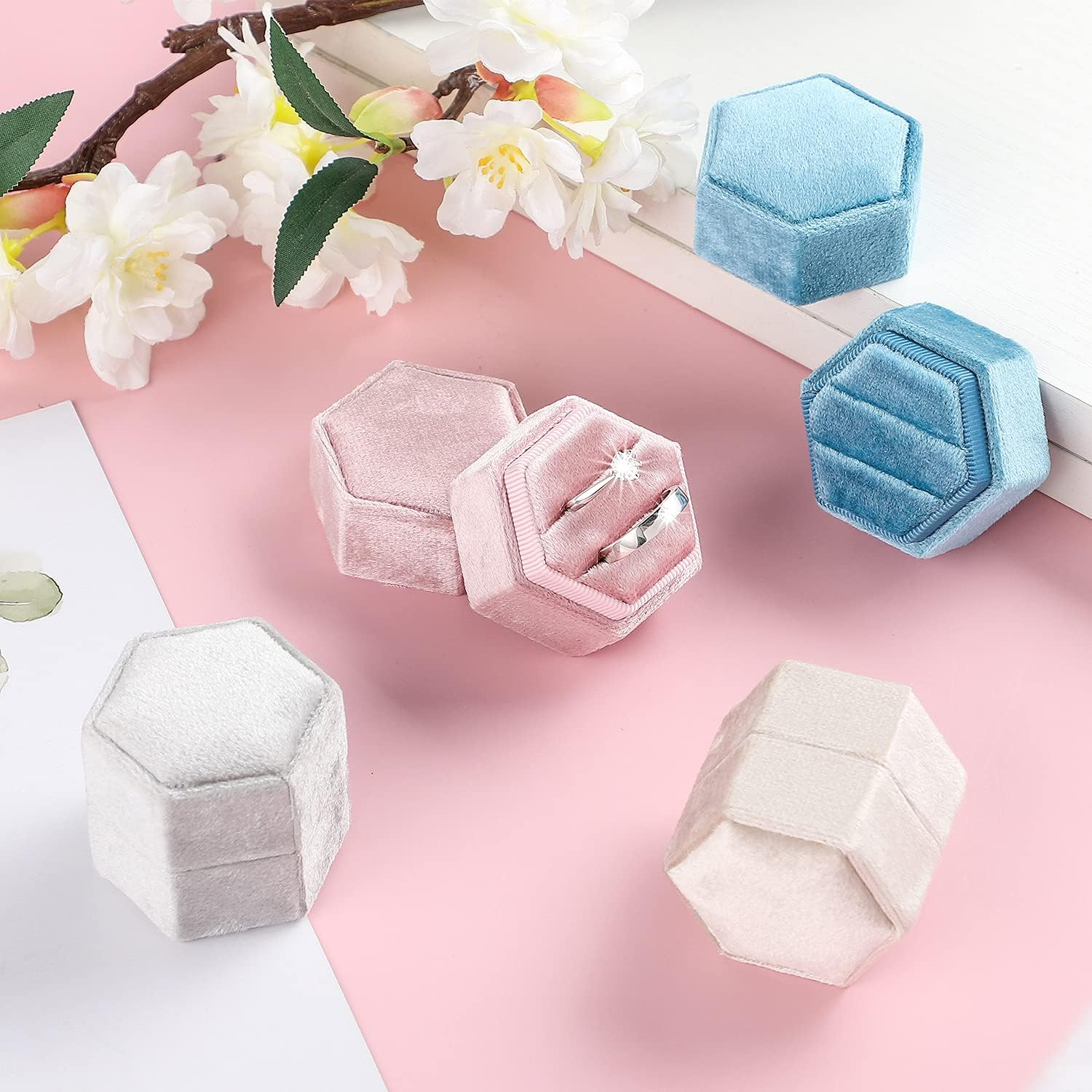 Etercycle Velvet Jewelry Ring Box, Hexagon Premium Gorgeous Vintage Double Ring Gift Box with Detachable Lid for Proposal Engagement Wedding Ceremony(Pink-Purple) image number 6