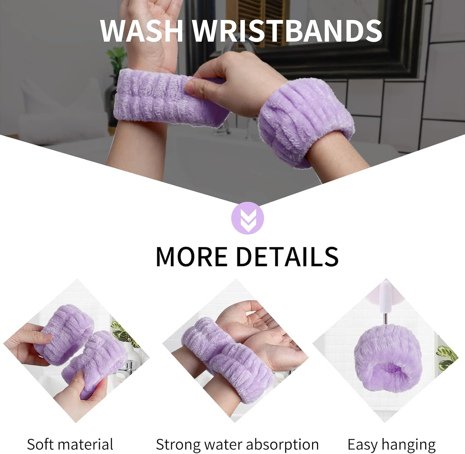 WSYUB Spa Headband, Wristbands, Headband for Washing Face, 2Pcs Wristlets for Sleeves Dry, Make up Headband,Purple image number 4