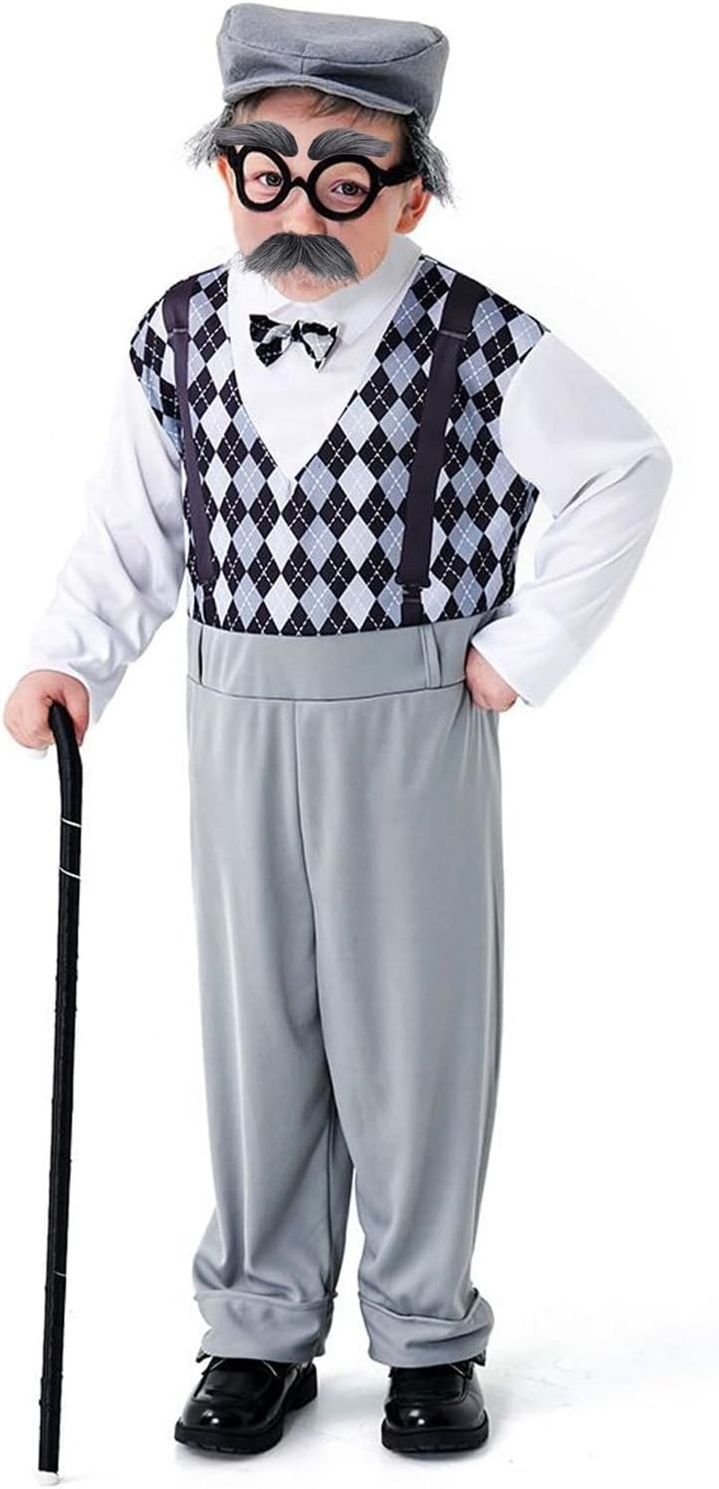 Degpum Old Man Costume for 100 Day of School Grandpa Costume Accessories Glasses with Gray Stick on Fake Mustache & Eyebrows Halloween Costume Set image number 2