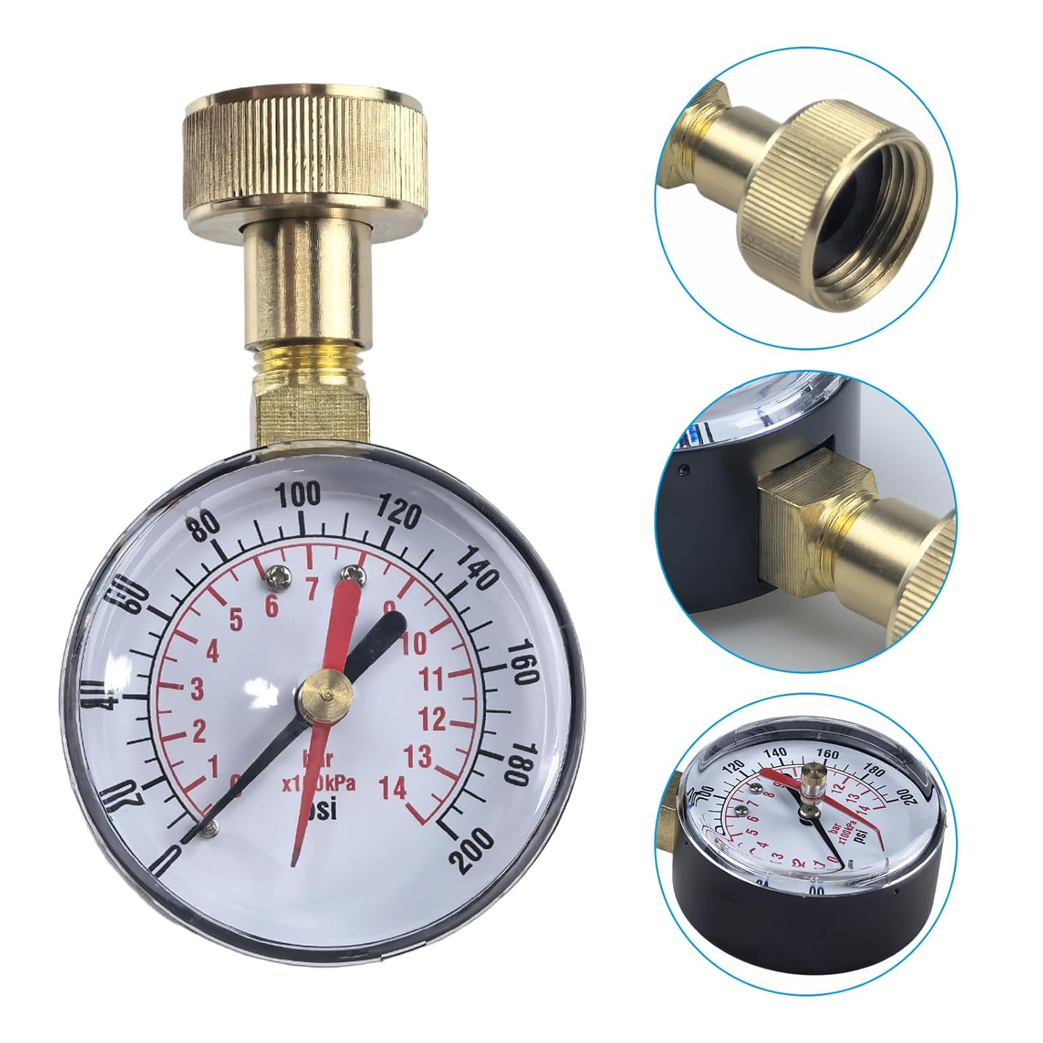 Universal Water Pressure Test Gauge, 0-200Psi 0-14Bar 3/4&rdquo; Radial Water Steam Gas Pressure Test Gauge Metal Hose Bib Gauge for Home Garden image number 1