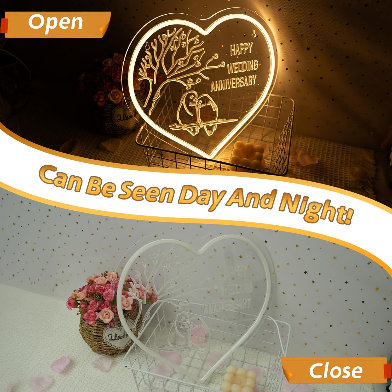 SIGNSHIP Happy Wedding Anniversary Neon Sign Wedding Anniversary LED Sign Dimmable Love Bird LED Lettering Heart Shape Light Signs Decor for Anniversary, Party, Candle Light Dinner, Photo Requist