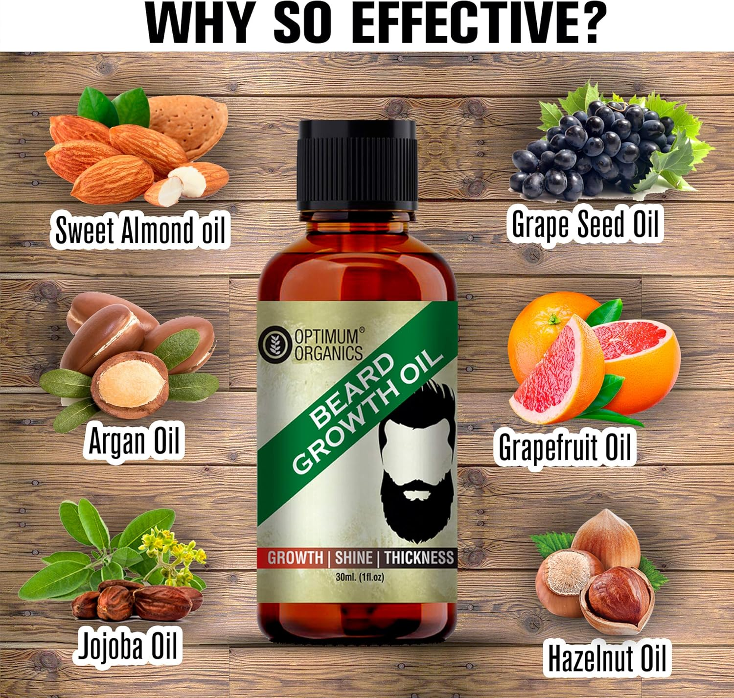 Beard Oil for Growing Beard Faster from Optimum Organics with Argan, Jojoba, Almond, Eucalyptus and Natural Extracts.