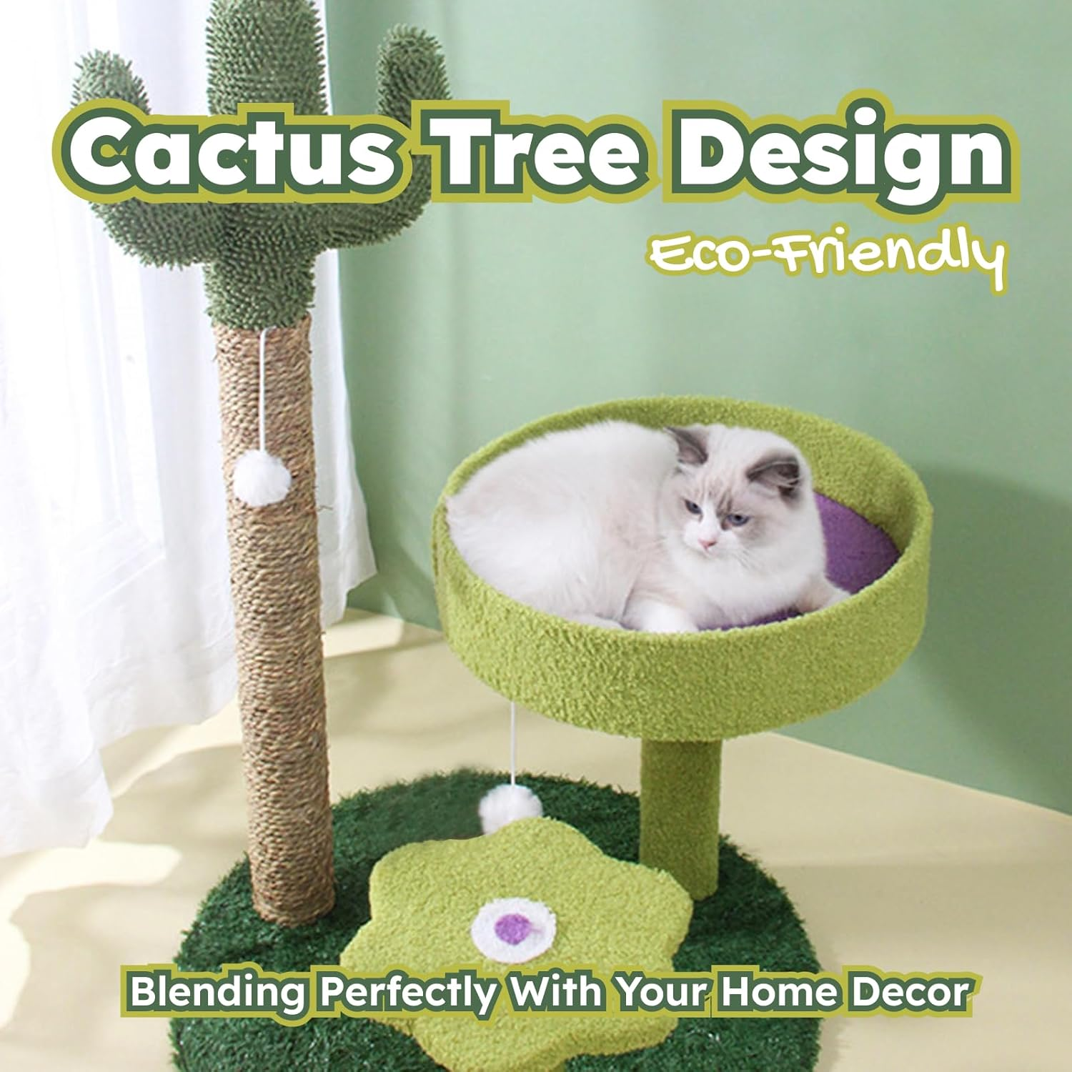 Cactus Cat Tree - Cute Cat Tower with Sisal Scratching Post, Plush Perches, and Play Platforms, Fun Cat Activity Tower for Kittens, Small Cats, 70Cm Tall image number 1