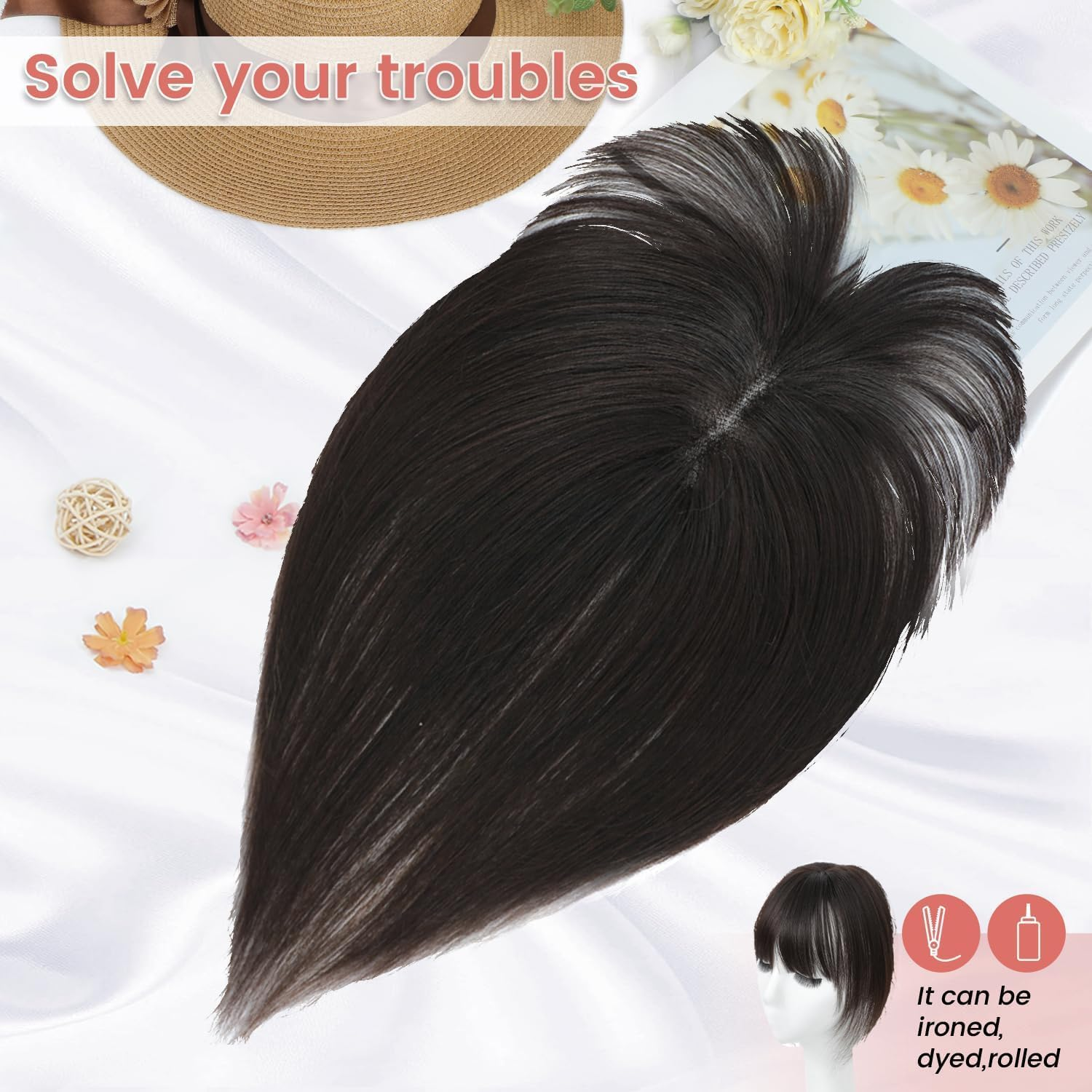 Hair Toppers for Women Human Hair Topper with Bangs Hand-Woven Swiss Base Hair Topper (Dark Brown) image number 2