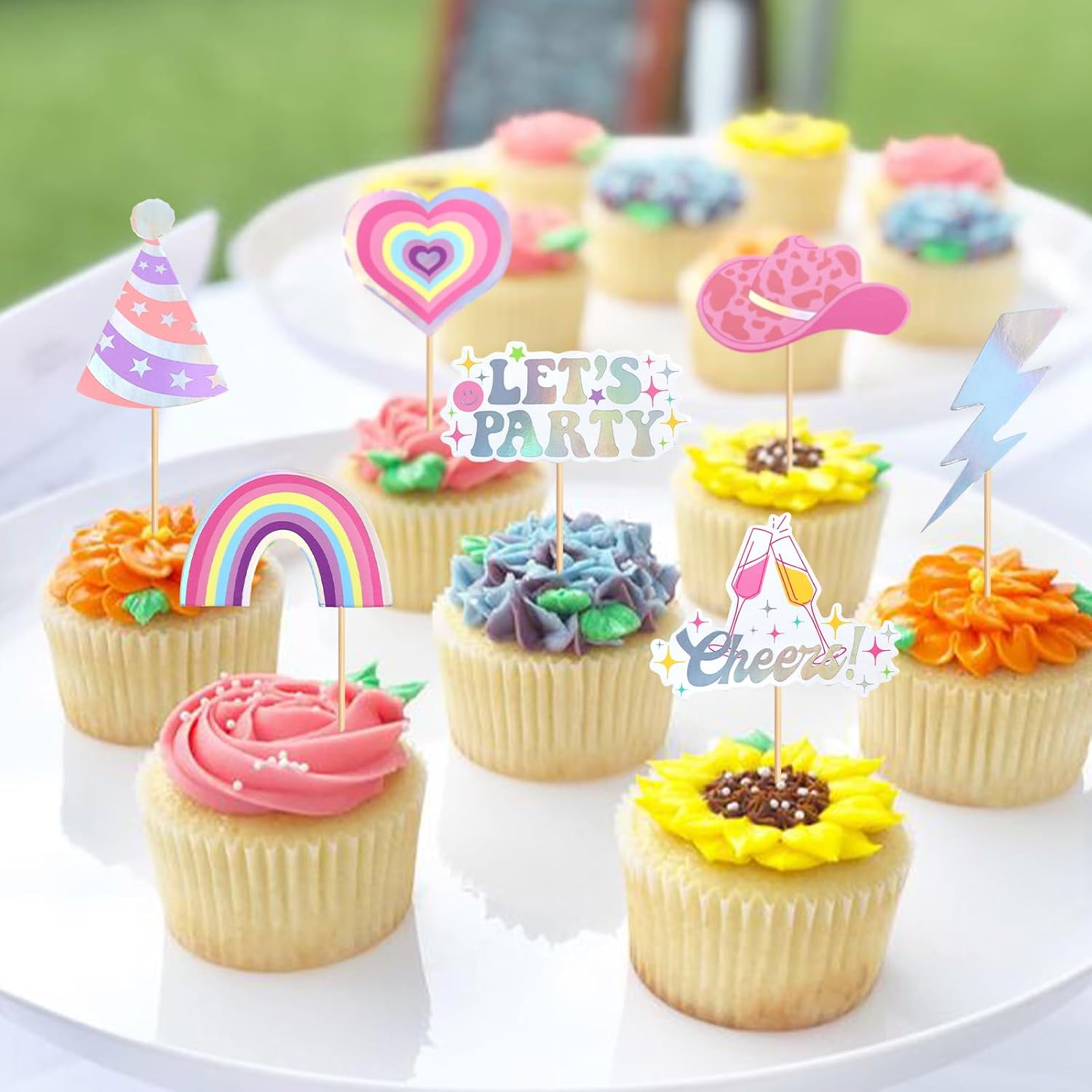 32PCS Let'S Party Cupcake Toppers Cowboy Rainbow Smile Face Heart Cupcake Picks Let'S Go Dance Cake Decorations for Disco Theme Wedding Women Birthday Party Supplies Pink - Pink image number 2