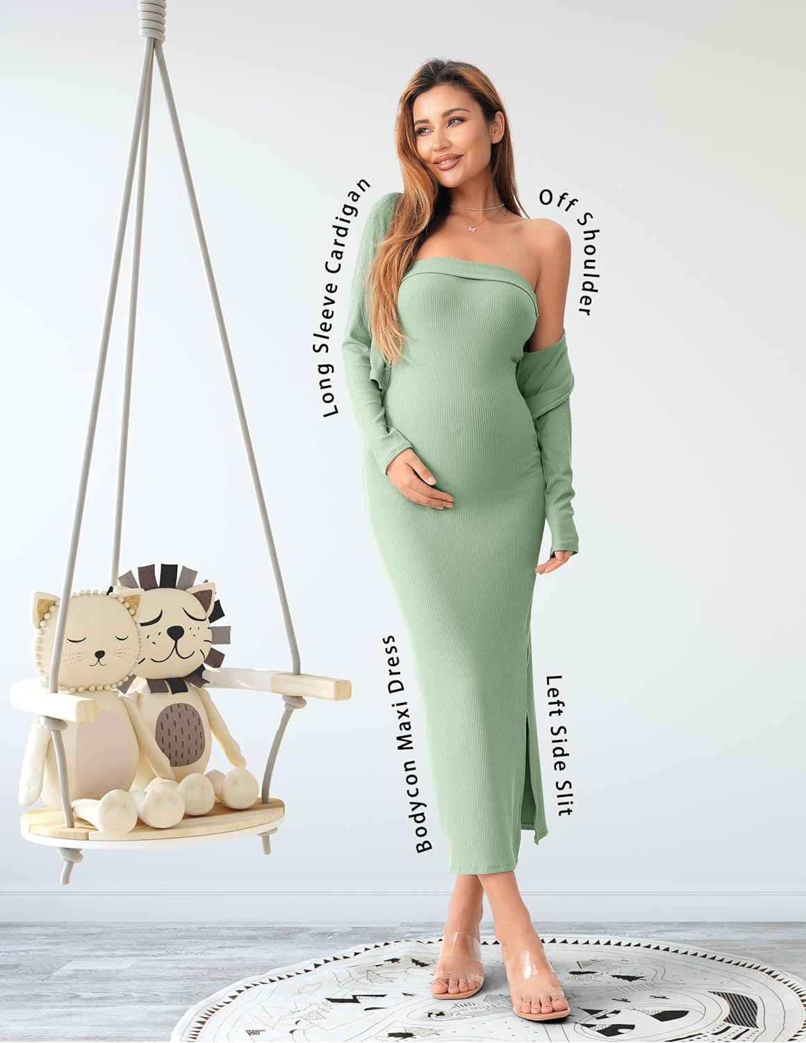 SUNNYBUY Baby Shower Maternity Tube Dress Short Cardigan Bodycon Ribbed Maxi Dress Casual 2 Piece Pregnancy Outfit Set, Sage Green, Xx-Large image number 5