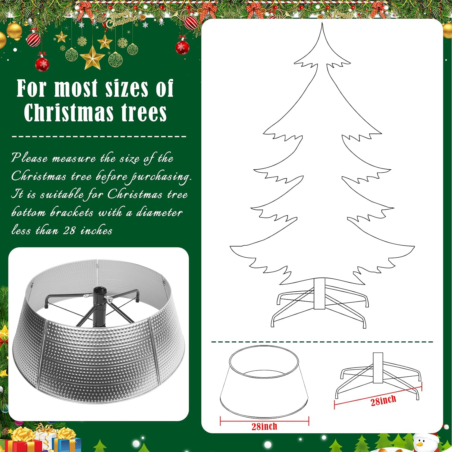 Christmas Tree Collar Metal, 28" Silver Tree Collar, 5-Panel Christmas Tree Base Collar for 7.5Ft 9Ft 12Ft Real & Artificial Christmas Trees, Christmas Tree Ring Christmas Tree Skirt for Pencil Trees image number 3