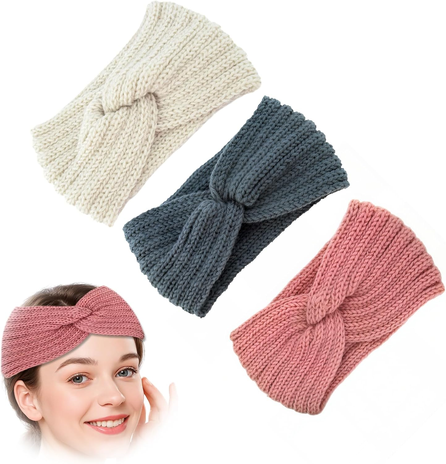 Pack of 3 Women'S Winter Knitted Headband Children Girls Autumn and Winter Simple Versatile Headbands Knitted Hair Band Ear Warmer Elastic Beige + Grey + Pink image number 5