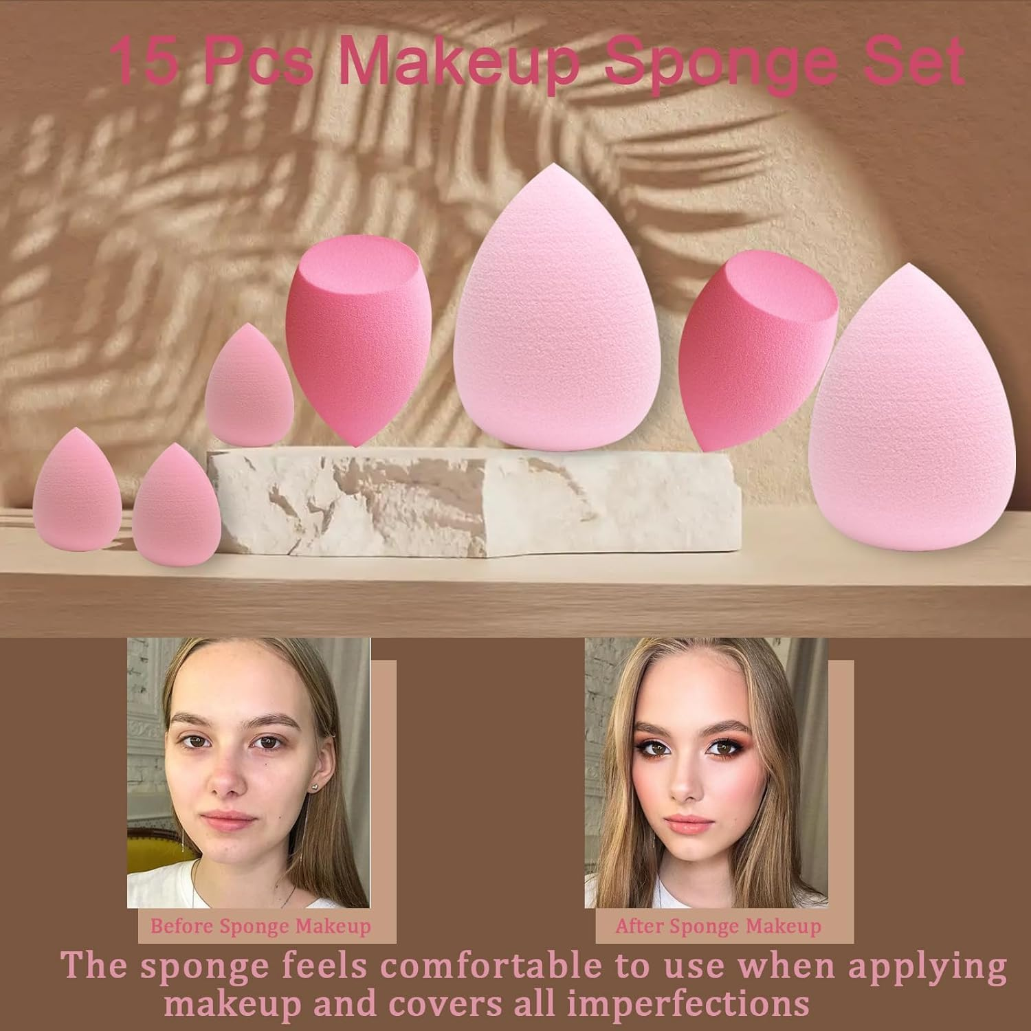 15 Pcsmakeup Sponge Blender Set: Blender Sponges 15 Pcs for Liquid, Cream and Powder, Multi-Colored Pink Make up Sponges for Foundation image number 4