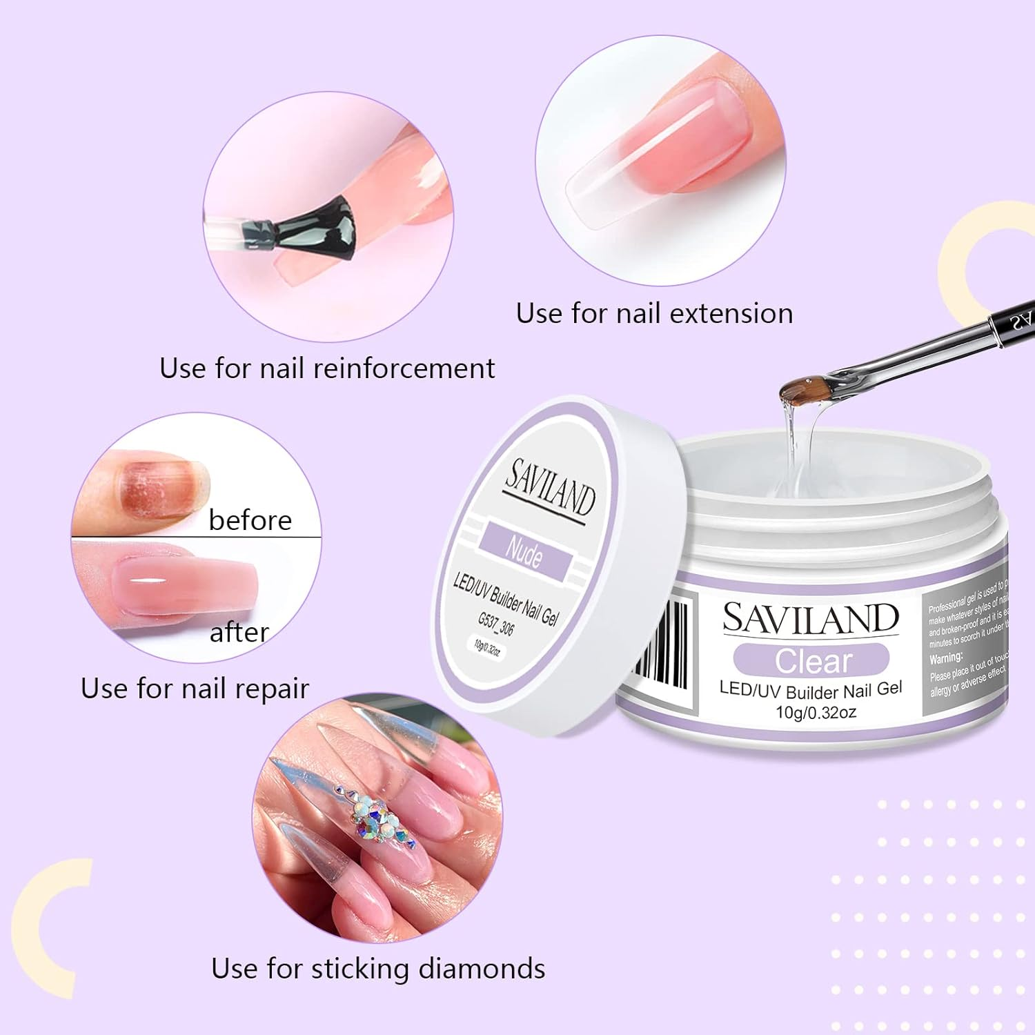 SAVILAND Builder Nail Gel Set &ndash; 2 Basic Colors Nail Extension Kit Clear Nude Nail Strengthen Gel with Nail Brush 100Pcs Nail Forms for Nail Extension at Home Nail Salon, Nail Art DIY